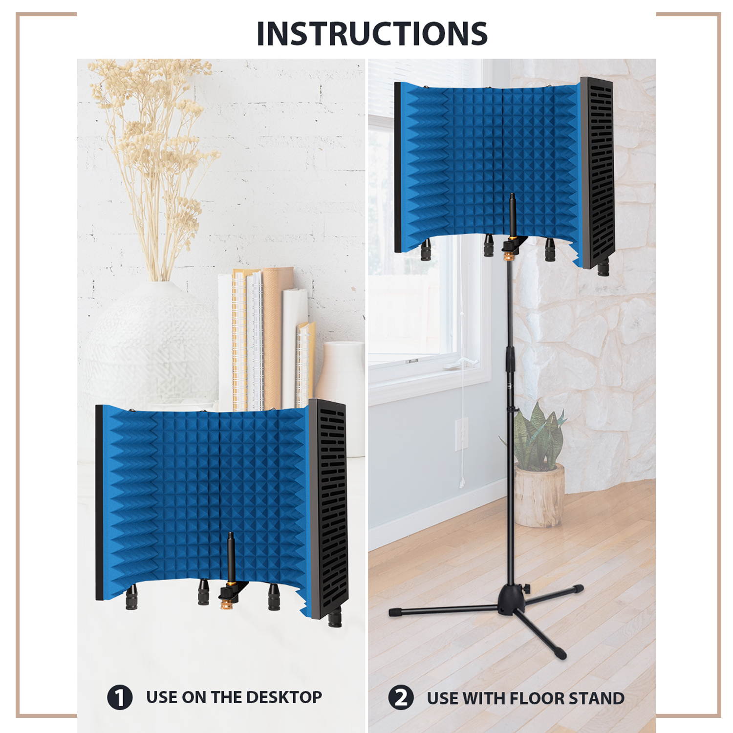 Technical Pro Portable and Foldable 5-Panel Professional Vocal Isolation Reflection Sound Shield for Home Office and Studio Recording  (Black Aluminum, Blue Foam)