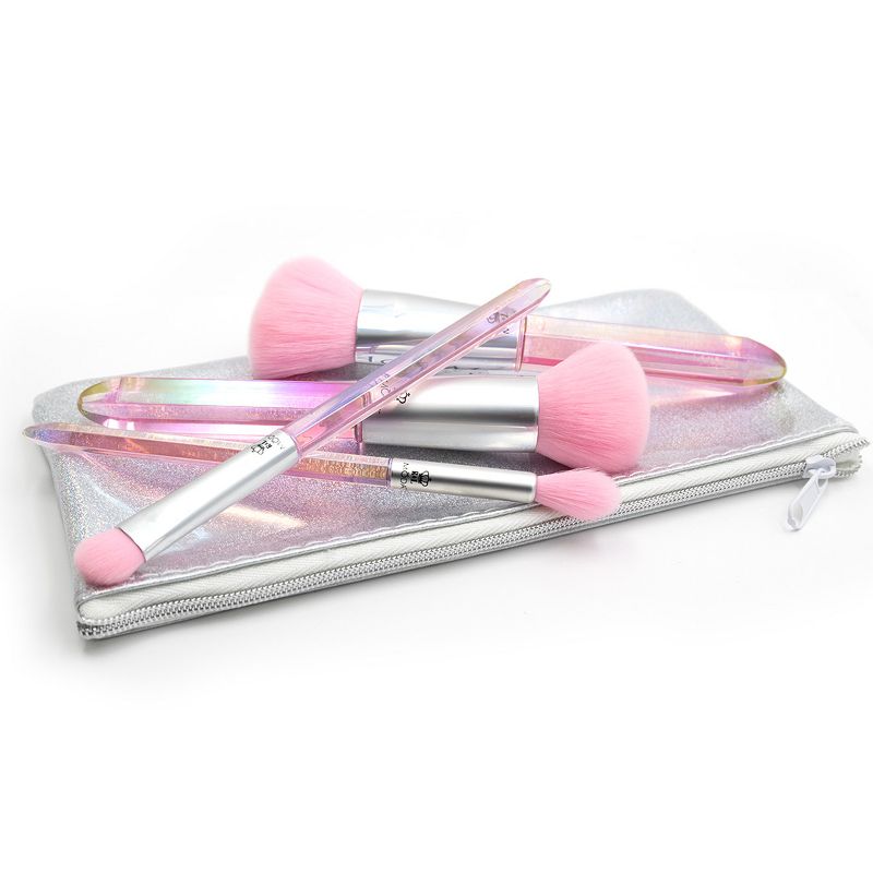 MODA Brush Mythical 5pc Rose Quartz Crystal Makeup Brush Set with Holographic Zip Case, Includes - Powder, Angle Blush, MD Shader, and Crease Brushes