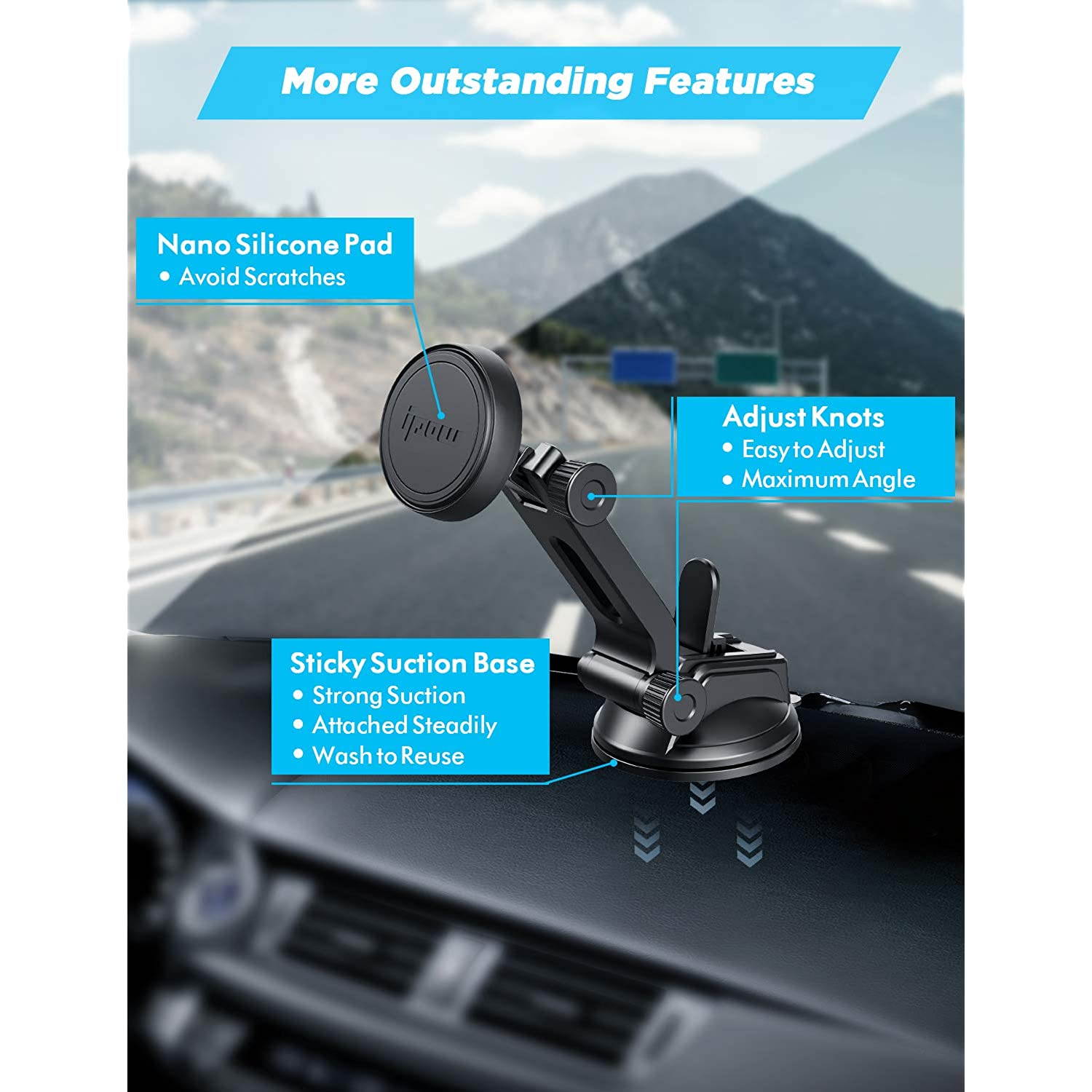 IPOW Car Phone Mount Holder Magnetic Phone Holder Mount Hands Free Cell Phone Holder for Car Dashboard Windshield Phone Holder Strong Magnet Maximum Angle One Holder Fits All Phones No View Blocking