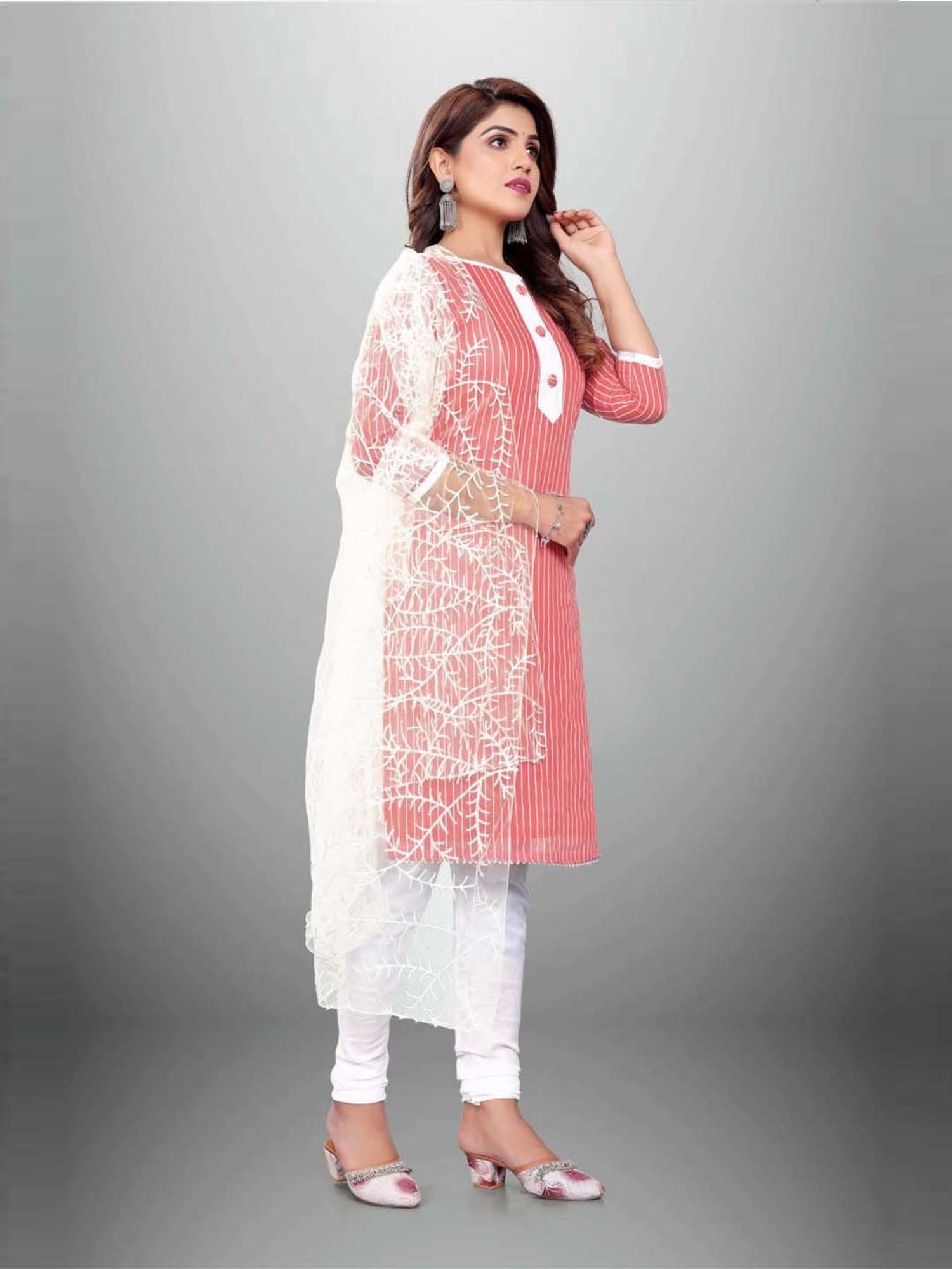 APNISHA Peach & White Cotton Striped Unstitched Dress Material