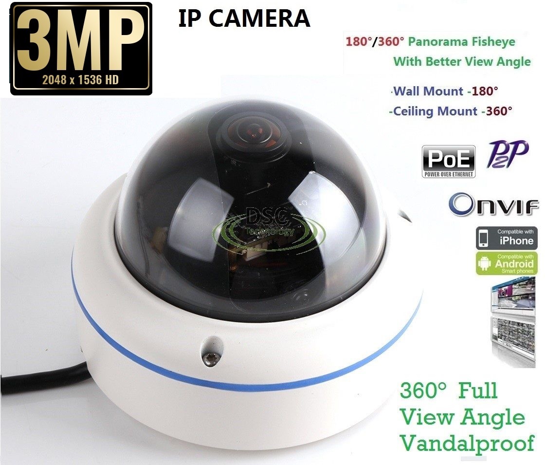 Outdoor/Indoor ONVIF 3MP 1080P 360Degree fisheye Panoramic Security Dome camera PoE/12VDC, Mobile APP(XMEYE)