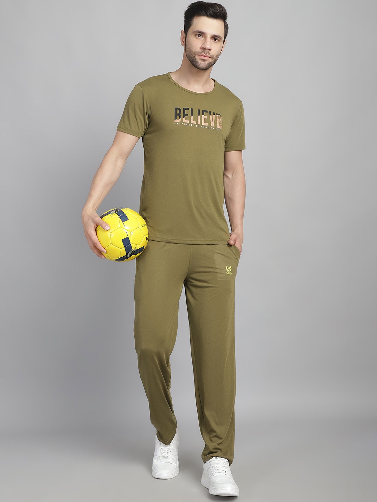 Vimal Jonney Olive Regular Fit Printed T-Shirt & Trackpants Set