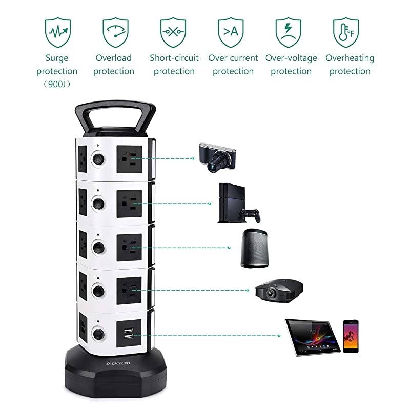 Power Strip Tower  Surge Protector Electric Charging Station 3000W 13A 18 AC Outlets 4 USB Ports with 16AWG 6.5ft Heavy Duty Extension Cord for Home Office