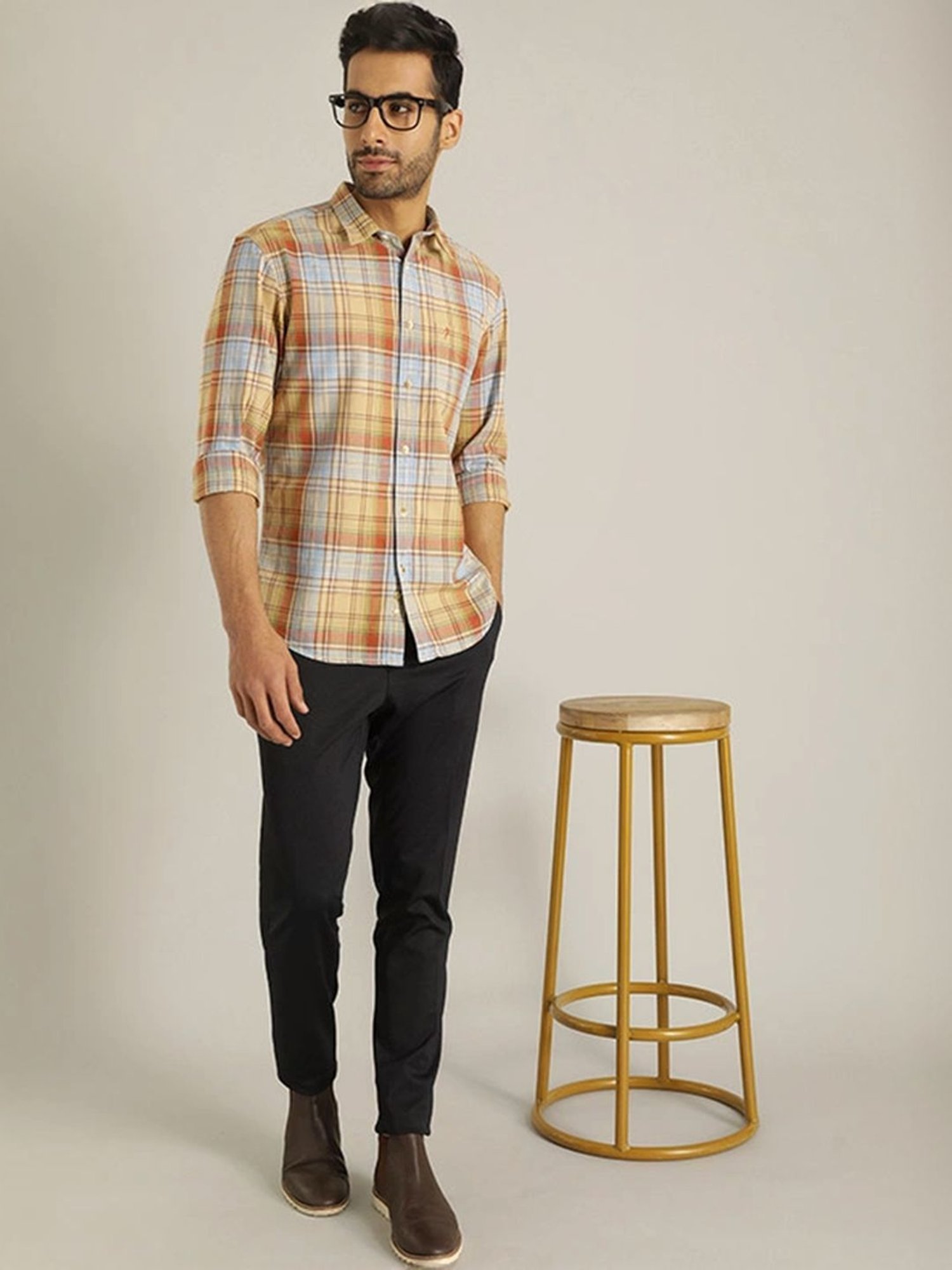 Indian Terrain Navy Tapered Fit Checks Trousers