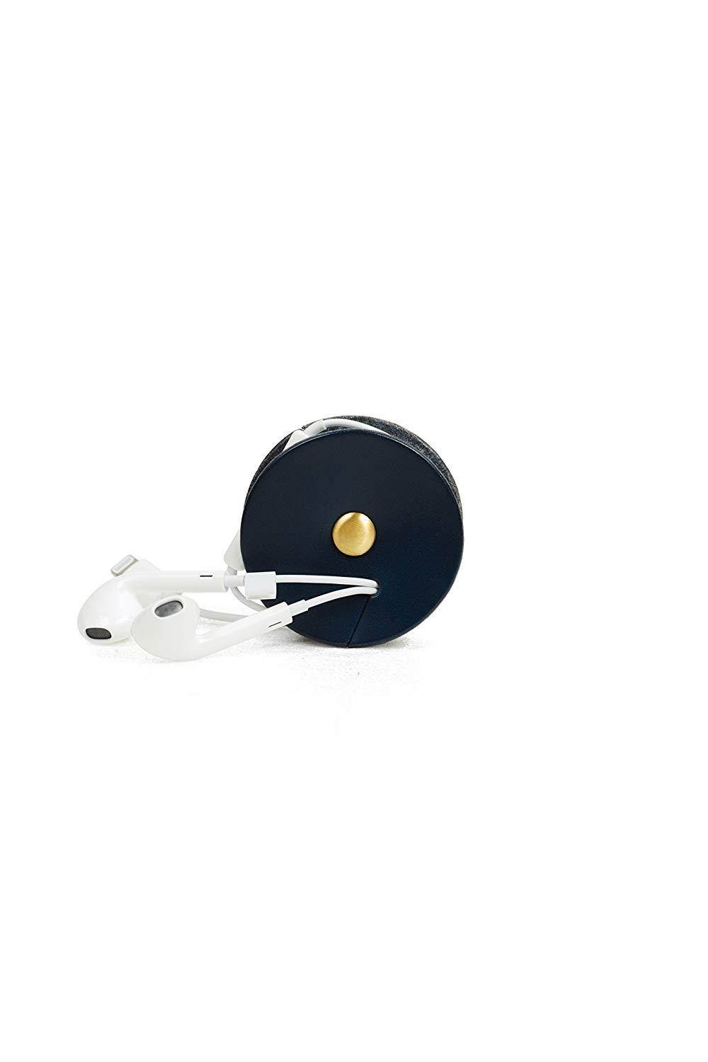 TunePoint Leather Cord Organizer for Earphones/Earbud Holder (Dark Navy)