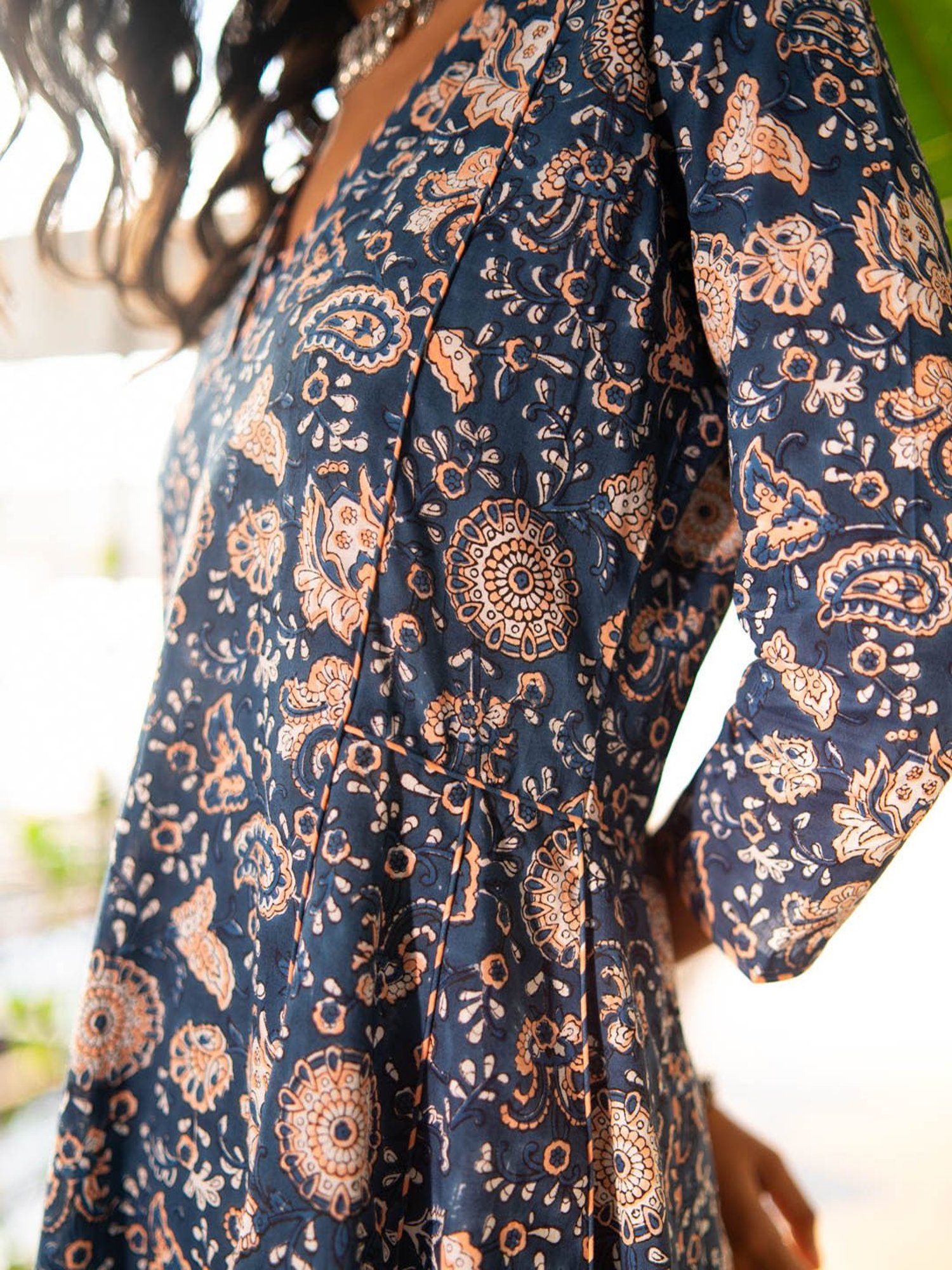 Akiso Blue Block Printed Anarkali Kurta With Hand Embroidery Details