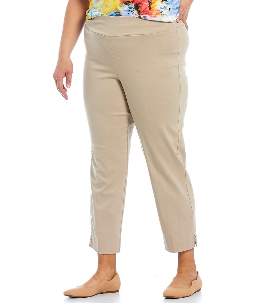 Allison Daley Plus Size Tech Stretch Embellished Hem Detail Pull-On Ankle Pants