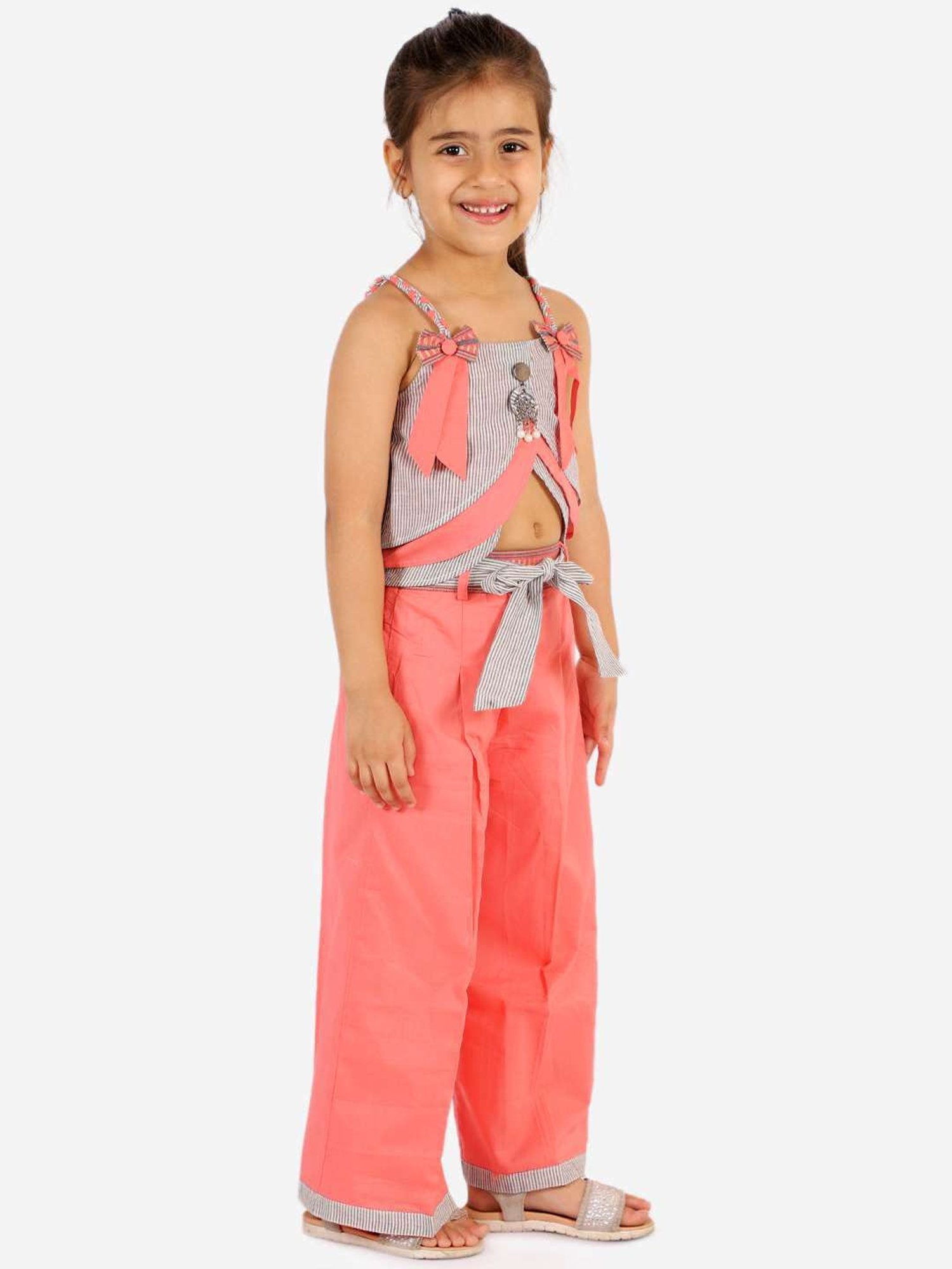 TWISHA Kids Pink & Grey Striped Top Set