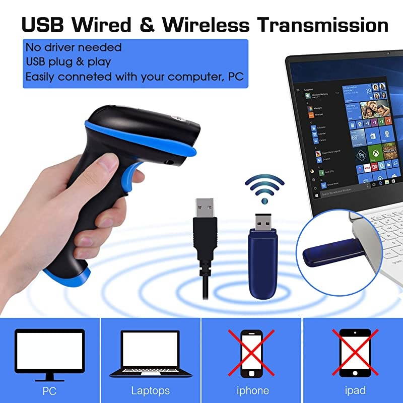 Barcode Scanner Wireless 2in1 24Ghz Wireless+USB 20 Wired Handheld Bar Code Scanner Reader with USB Receiver for Store Supermarket Warehouse 1 Year Warranty