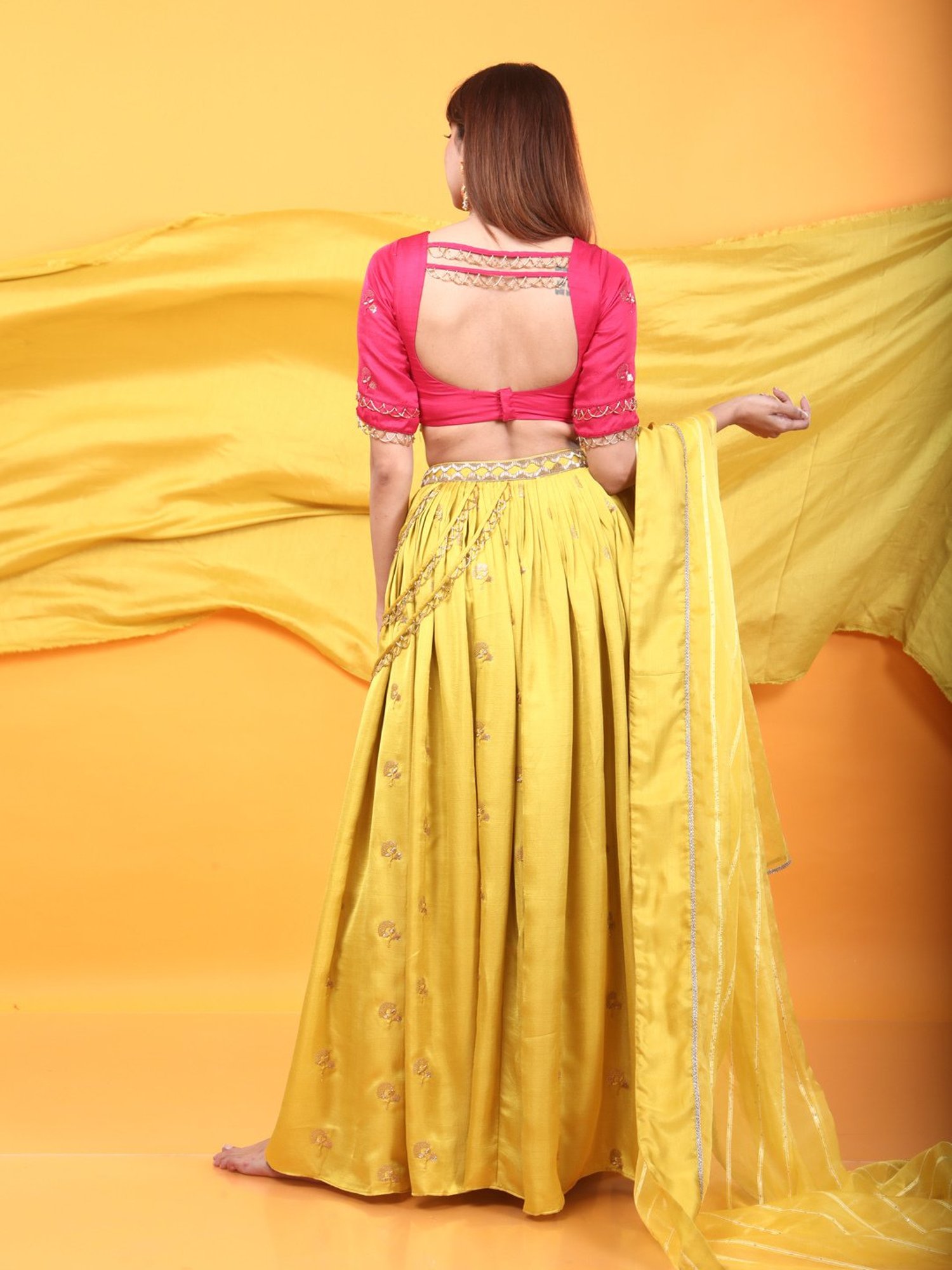 Monk & Mei Gulkari Lehenga and Blouse Set-Fuchsia Pink & Canary Yellow