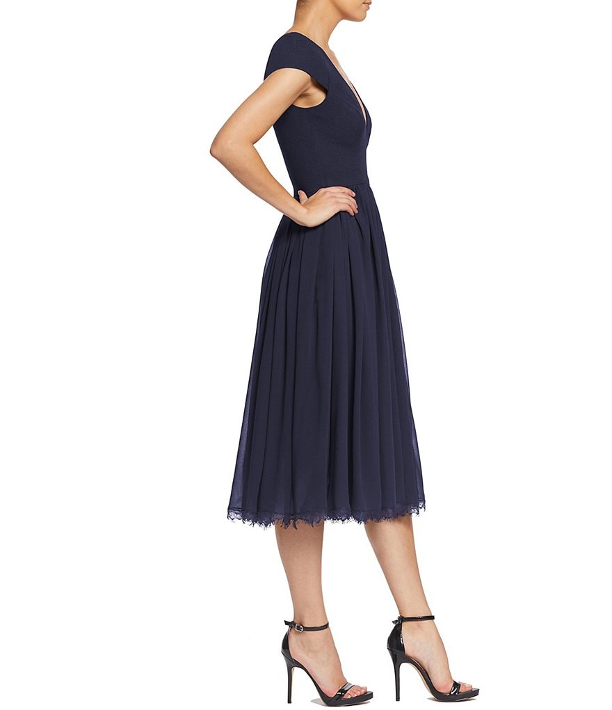 Dress the Population Corey V-Neck Cap Sleeve Lace Hem Midi Dress