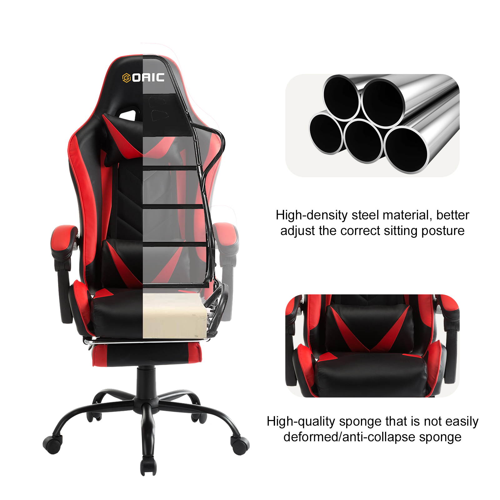 Goaic Gaming Chair PC Racing Game Chair Ergonomic 135&deg; Adjustable Reclining Office Chair with Footrest, High Back Office Desk Computer Chair with Headrest and Lumbar Pillow Support (White/Red)