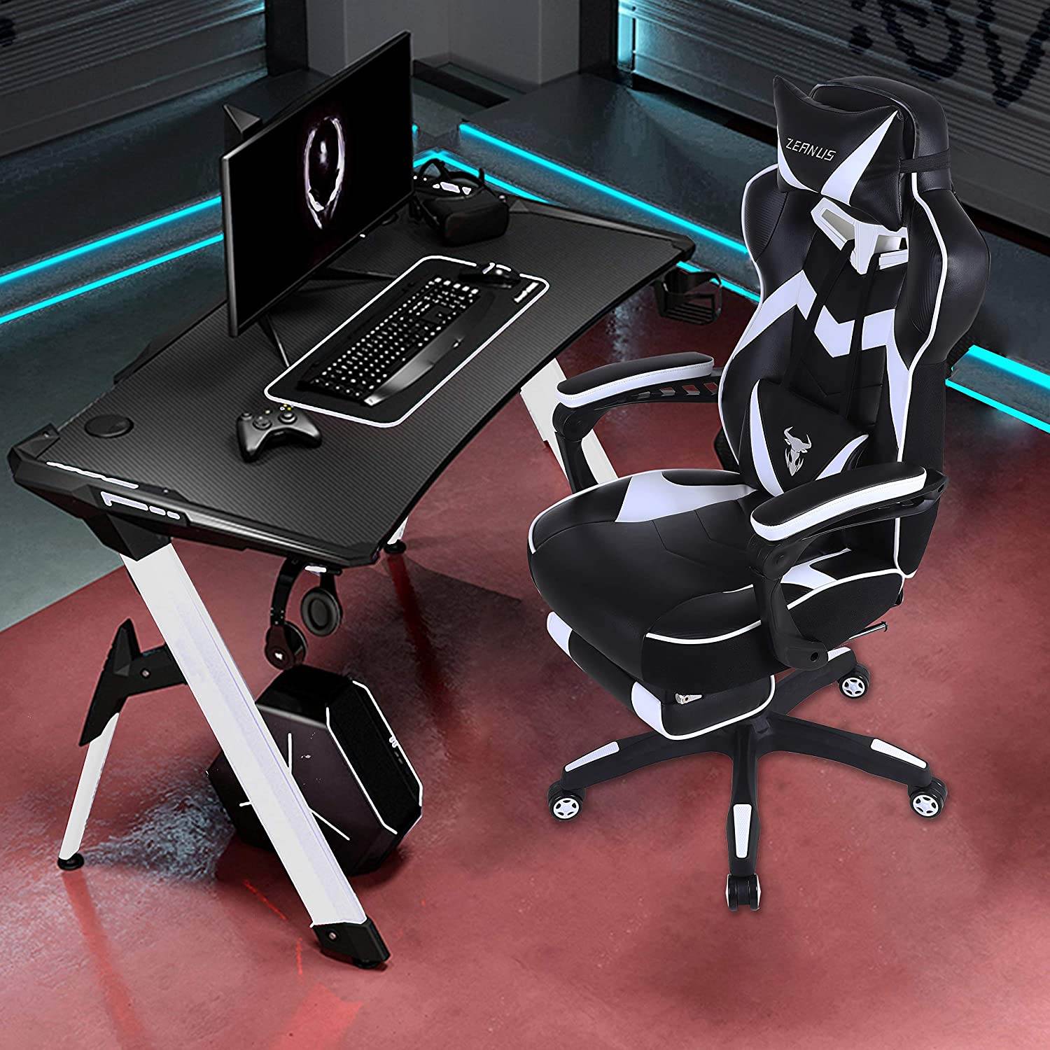 Zeanus Gaming Chair for Adults Green, Gaming Chair with Footrest, Massage Computer Gaming Chair, Reclining Gaming Desk Chair, Big and Tall Video Gaming Chair, Racing Style Chair, E-Sports Gamer Chair