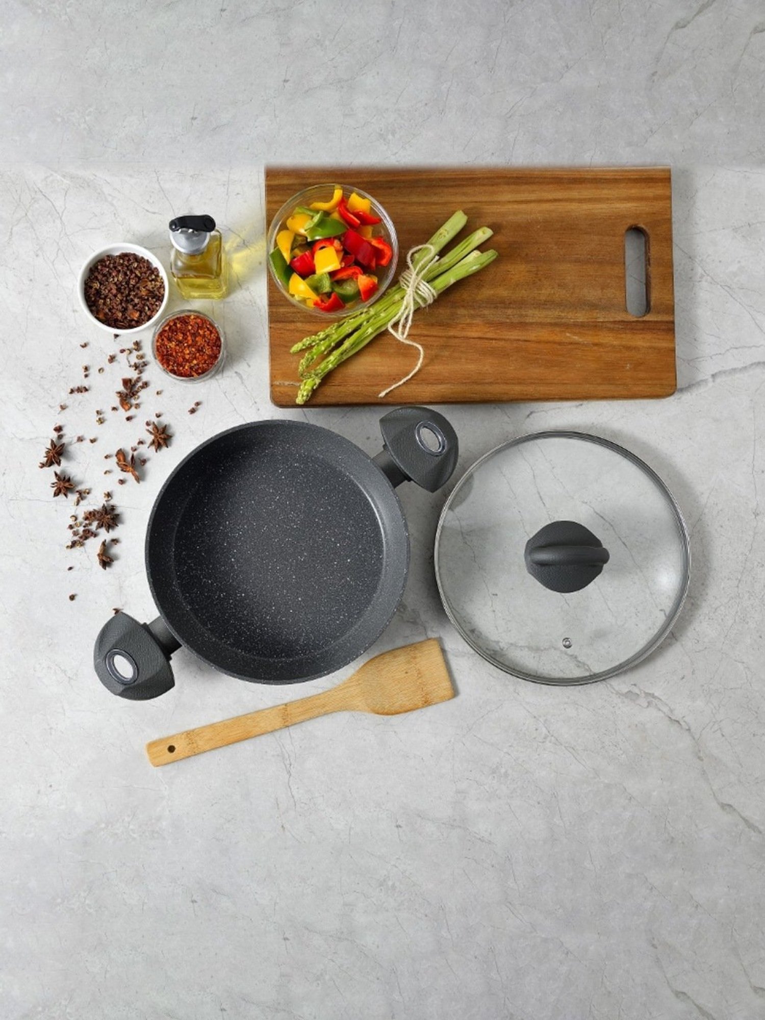 Bergner Orion Marble Non Stick Grey Aluminium Induction Base Kadhai with Glass Lid - 28cm