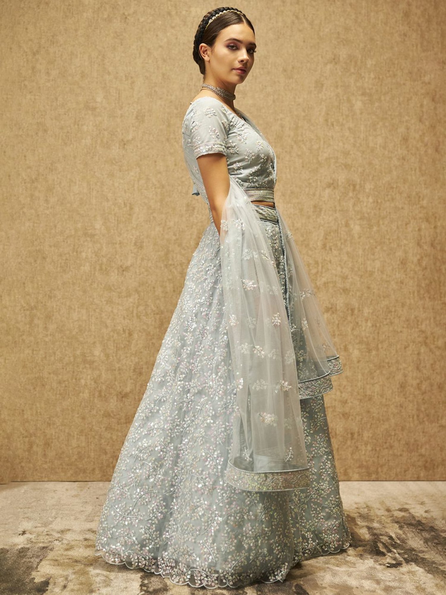 Soch Powder Blue Embellished Unstitched Lehenga Choli Set With Dupatta & Belt