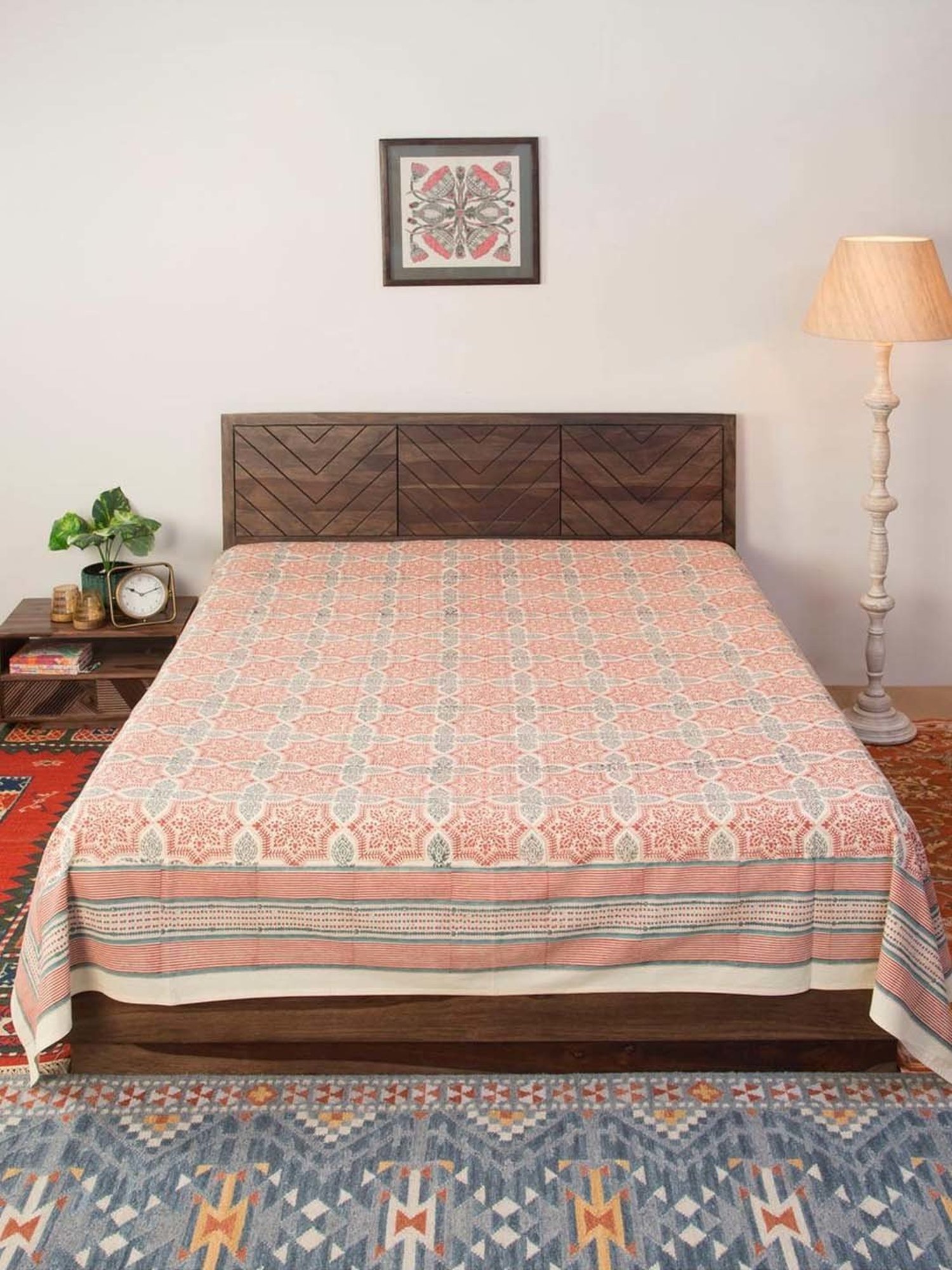 Fabindia Home Standalone Red & Grey Cotton 118 TC 163 GSM Hand Block Printed Double Bed Cover