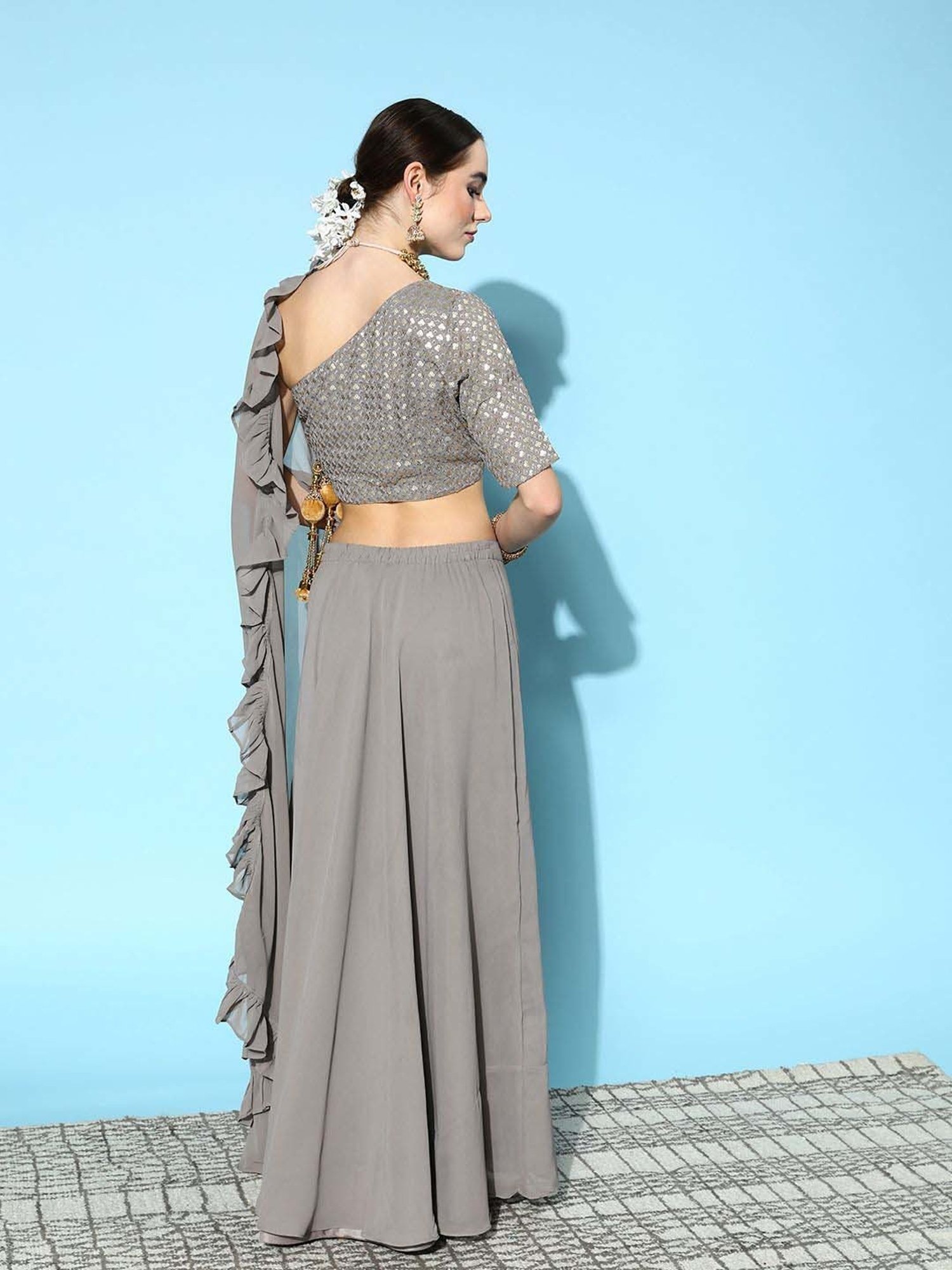 Libas Grey Plain Lehenga Choli Set With Dupatta