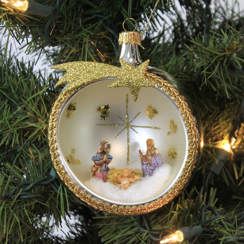 Italian Ornaments 5.0" 100Mm Silver Ball Nativity Ornament Italian Religious  -  Tree Ornaments