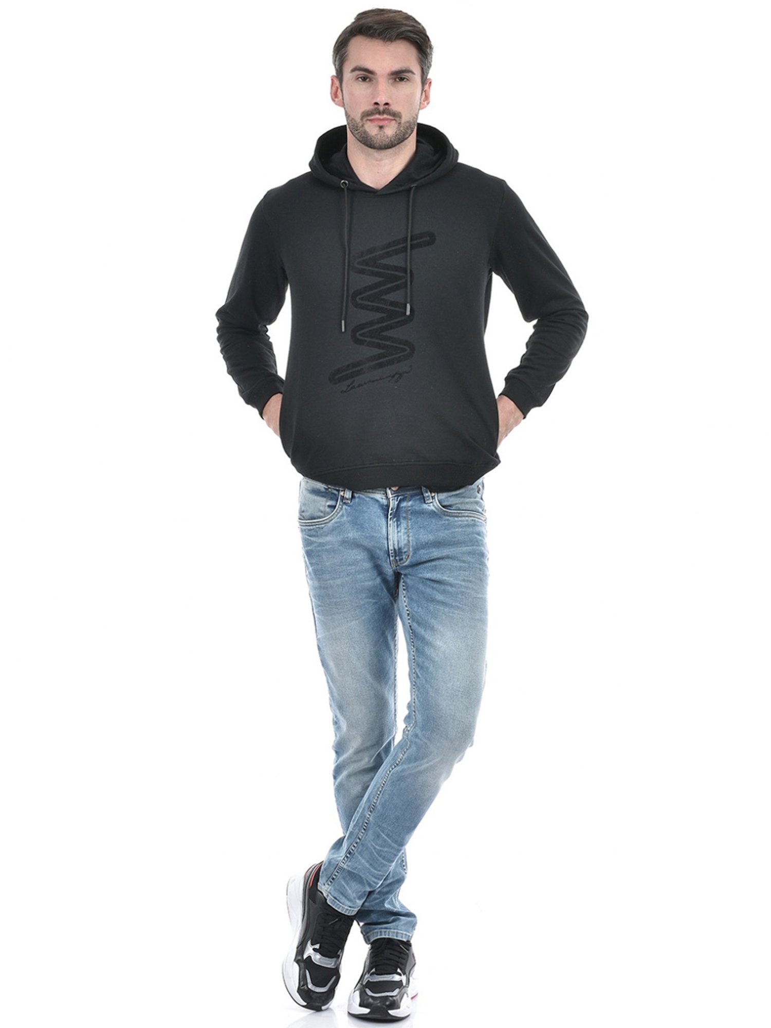 Lawman Black Cotton Regular Fit Printed Hooded Sweatshirts