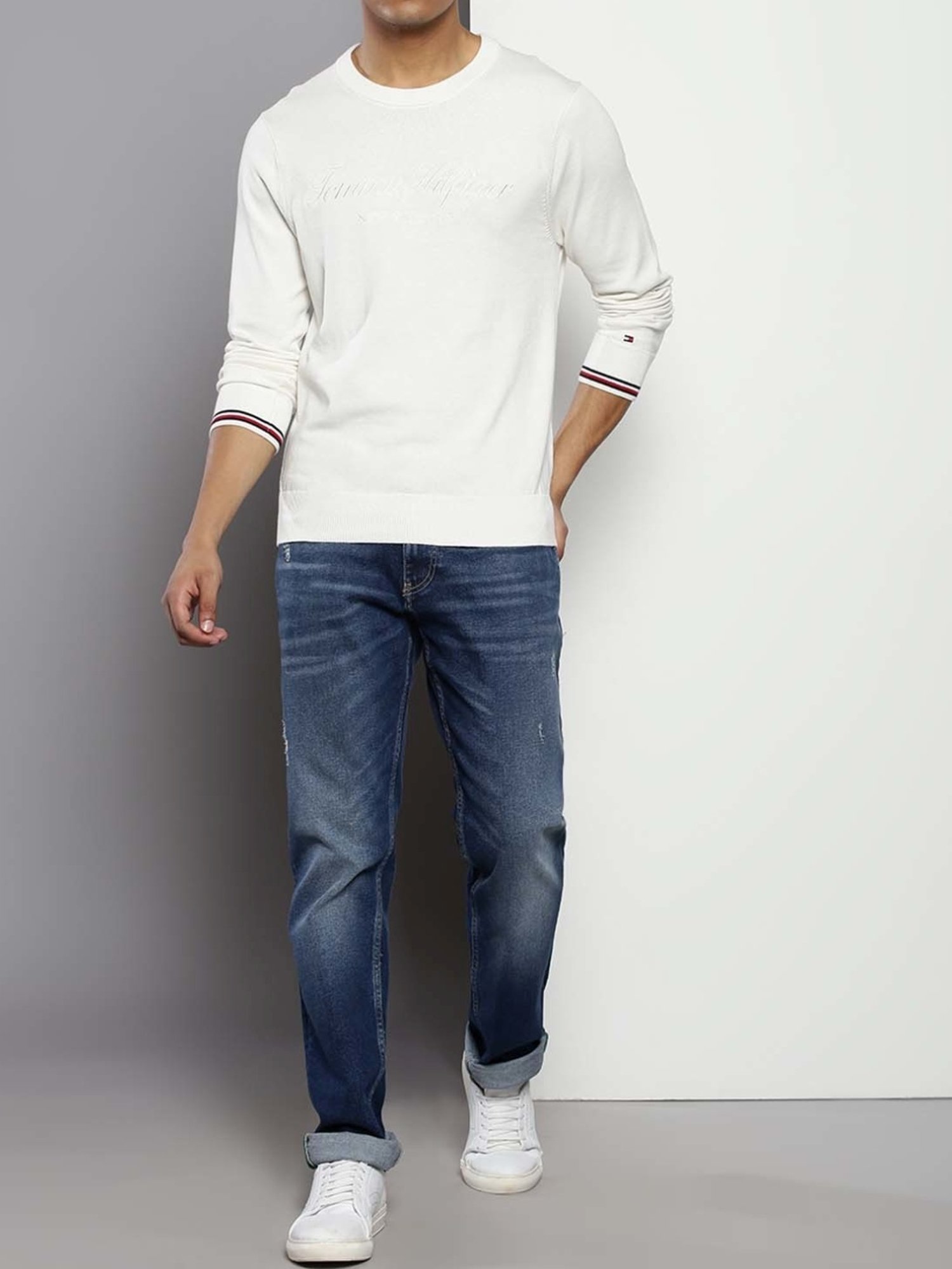 Tommy Hilfiger White Suede Cotton Regular Fit Embroidered Sweater