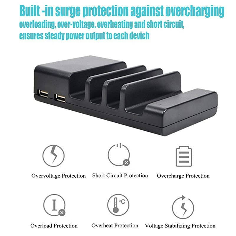 Charging Station 4 Port USB Charging Station Included 4 Short Mixed Cables Compatible IpadiPhoneSamsungSmartphone Desktop Cell Phone Charge Stand Multiple USB Charger Docking Organizer