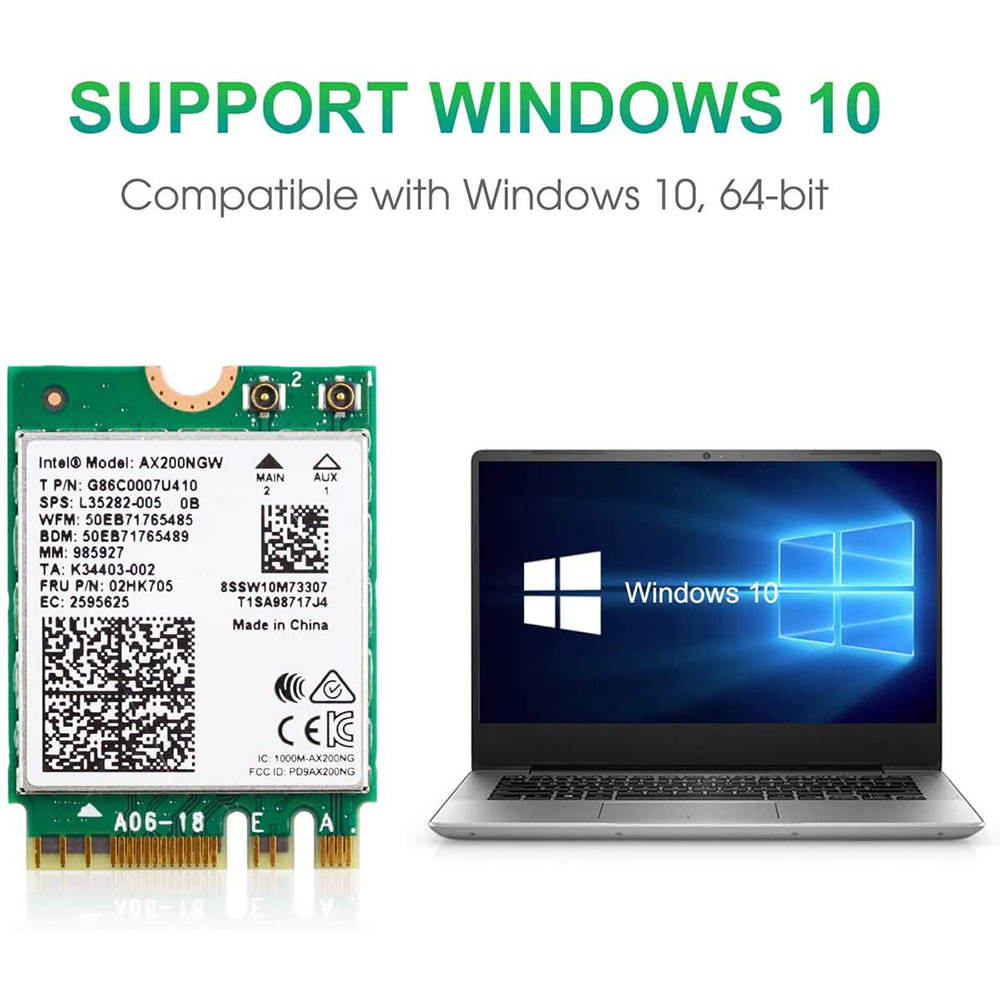 WiFi 6 M.2 Module AX 3000Mbps Network Adapter with Bluetooth 5.1 Wireless Wi-Fi 6 Card 2.4G/5Ghz 802.11ax MU-MIMO for Laptop PC with Windows 64 bit - Intel Model AX200NGW