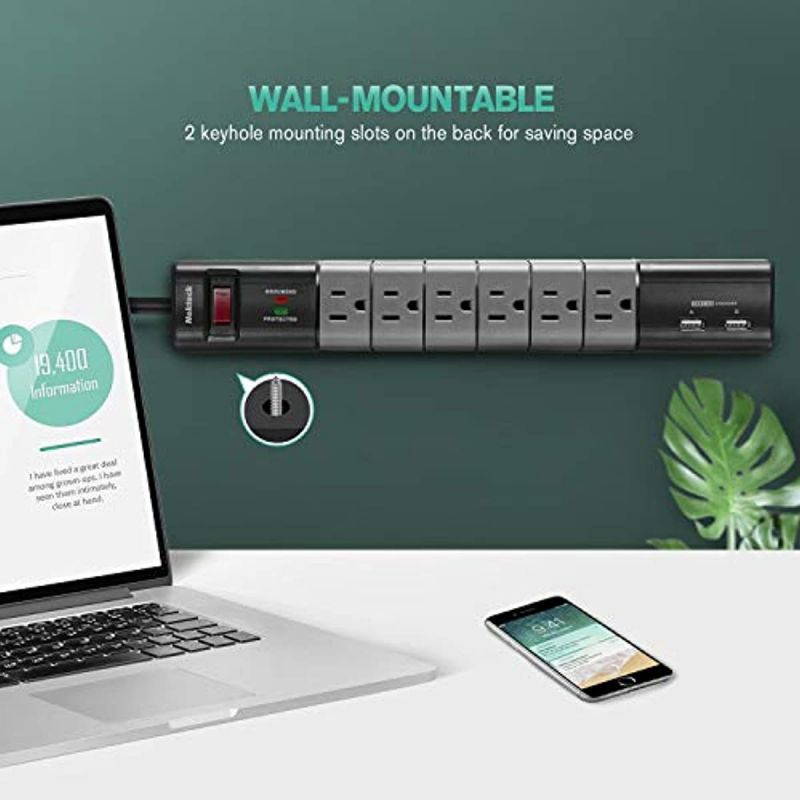 Flat Plug Surge Protector, Nekteck Surge Protector Power Strip with 2 USB Port and 6 Rotating-Outlet, 590 Joule,15A 1800W 6ft Extension Cord, Wall-mountable Surge Protector for Home Office Hotel