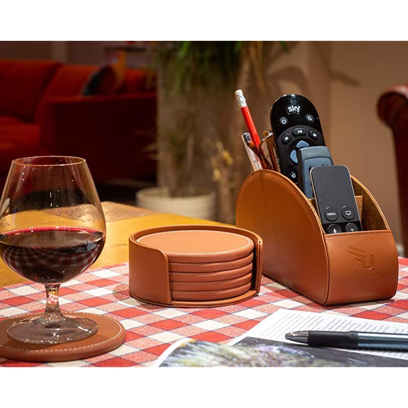 Remote Control Holder Organizer BoxPU Leather Universal Remote Caddy Desktop Organizer 5 Storage Compartments for Office and Set of 6 Round Protection Coasters for Furniture Table Dining Drinks
