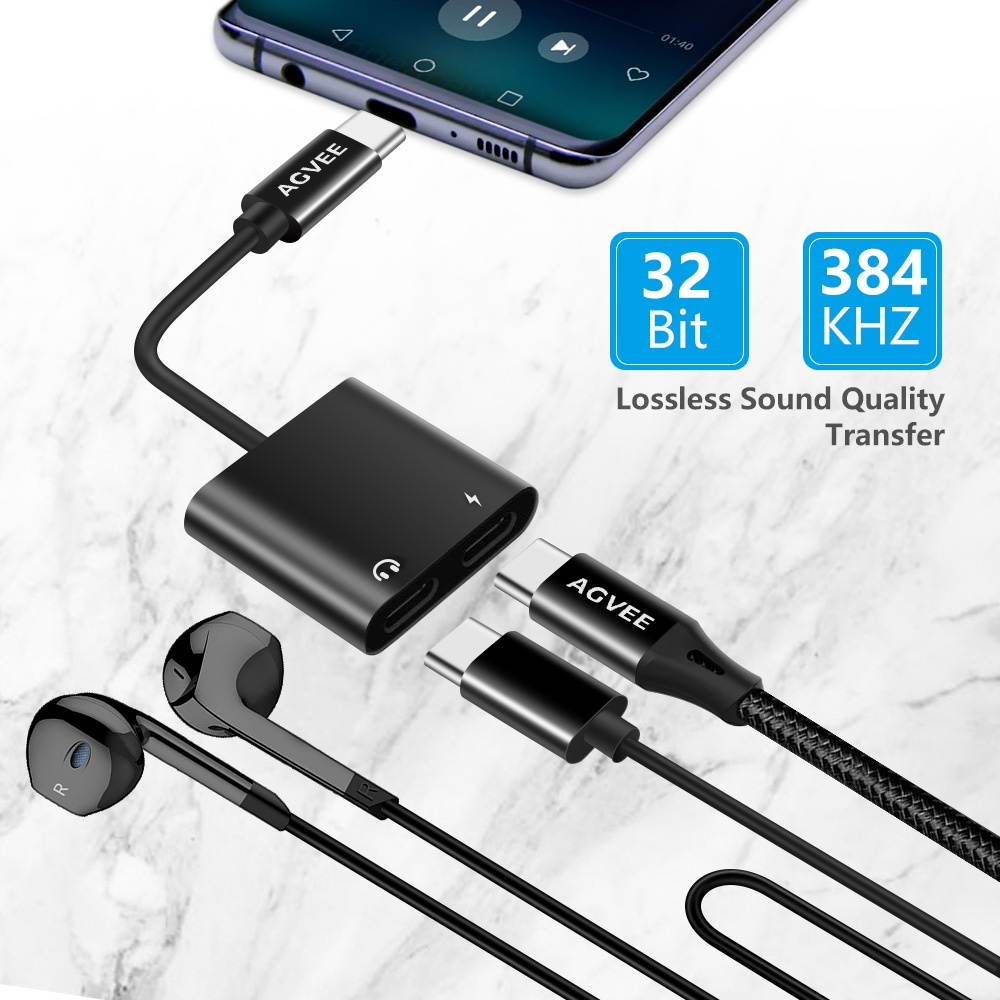 AGVEE Dual USB-C Headphone & Charging Adapter, Type-C Earbud Splitter, Duo USBC Audio & Charger Jack Earphone Dongle for Samsung S21 S20 FE 5G Ultra, Note 20 10, iPad Pro, Pixel 2 3 4 5 XL, Gray