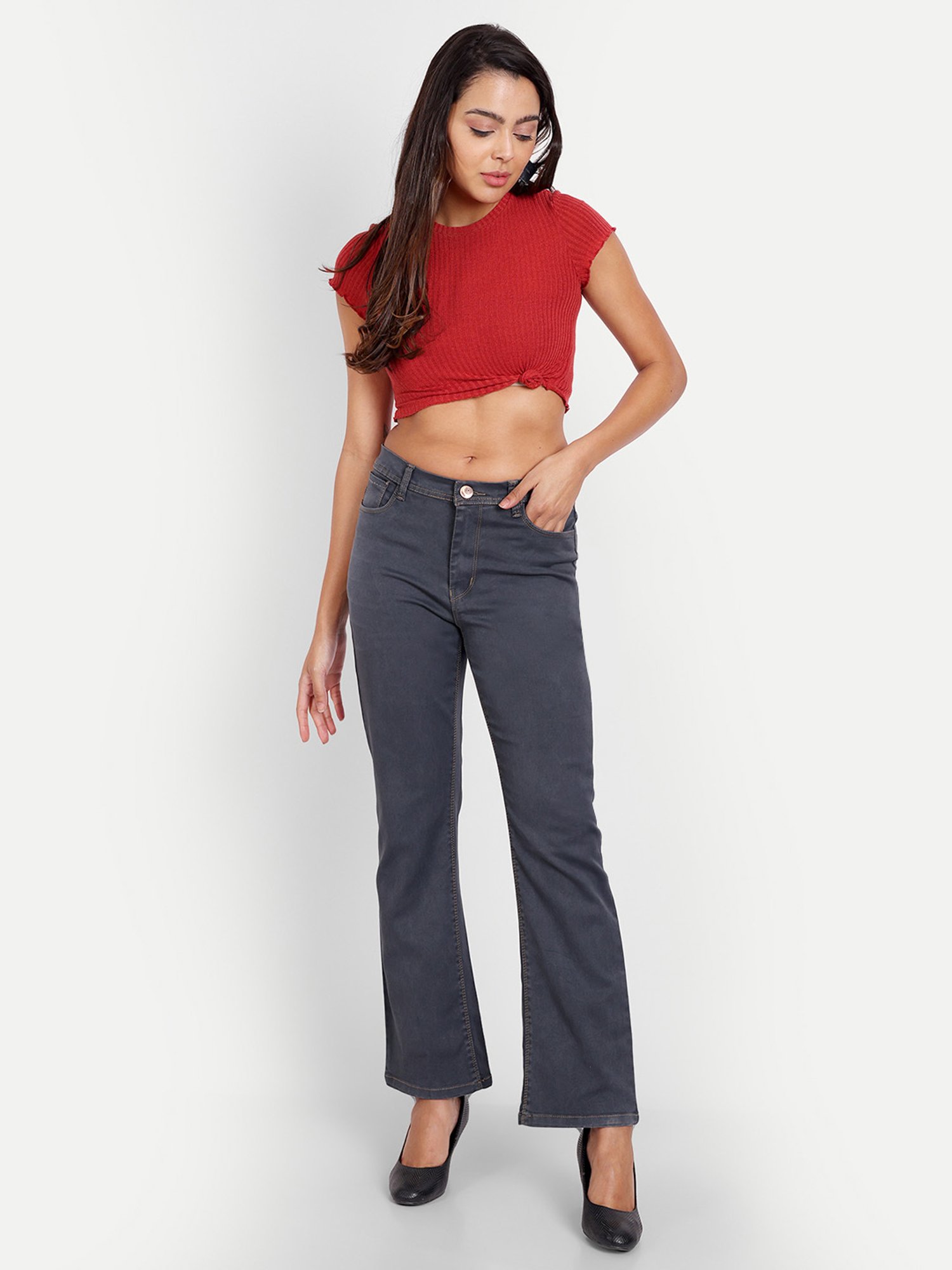 Angelfab Grey Cotton Flared Fit High Rise Jeans