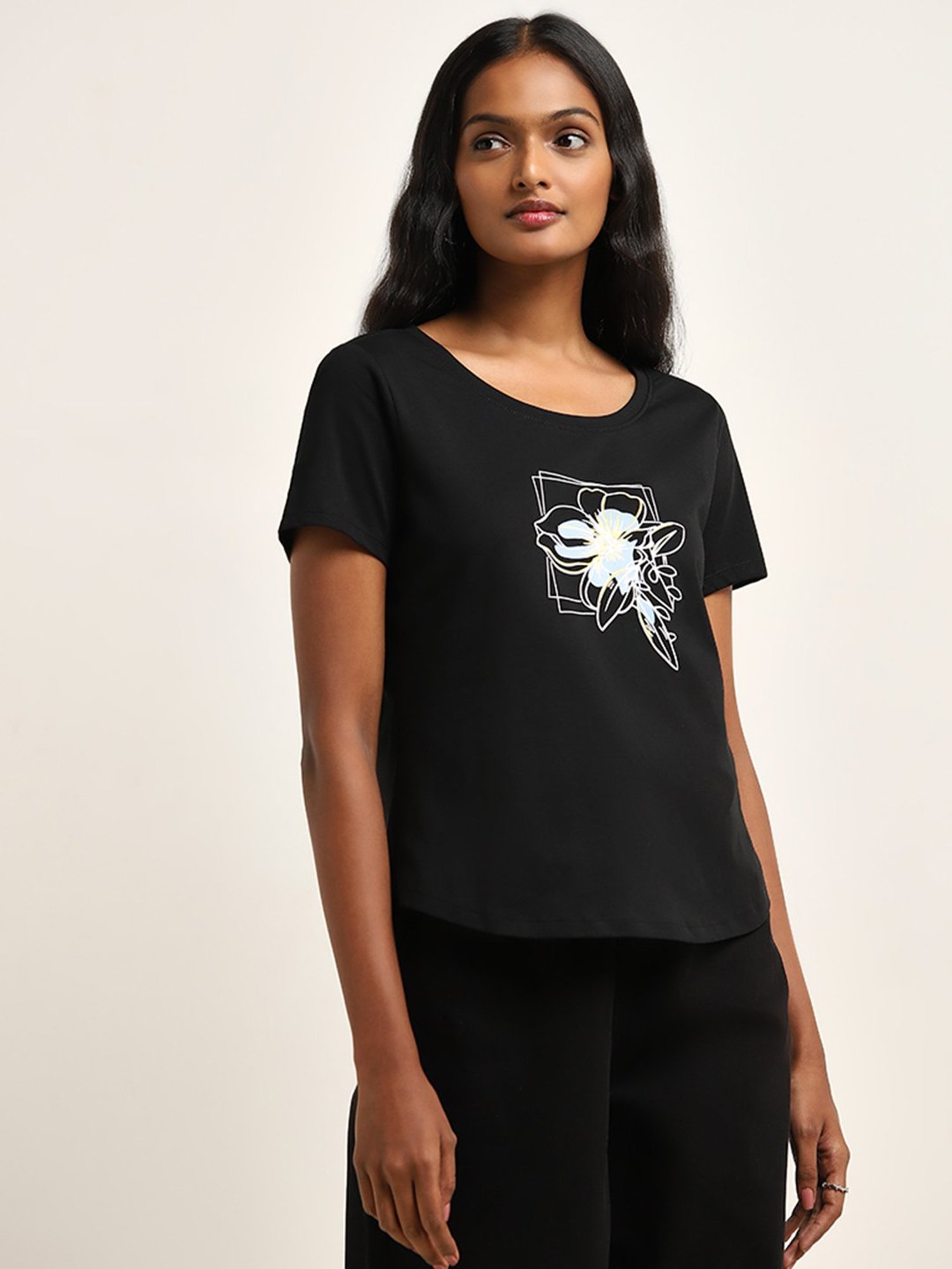 LOV by Westside Black Floral Design Cotton T-Shirt