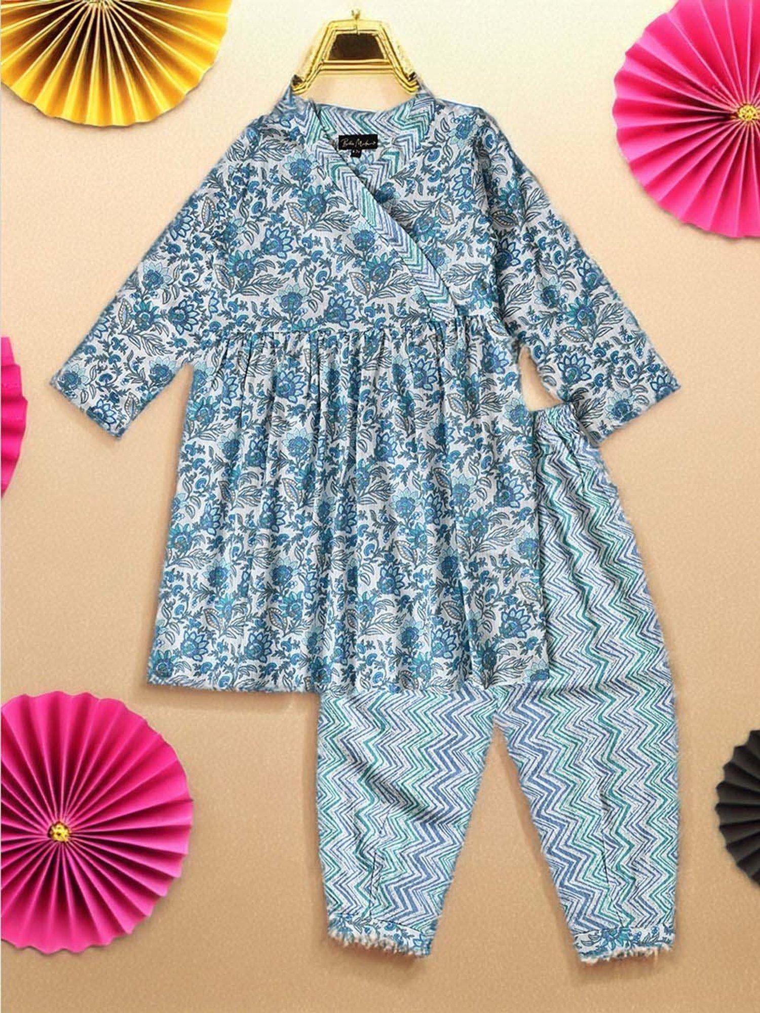 Bella Moda Kids Blue Cotton Printed Kurti & Pyjamas