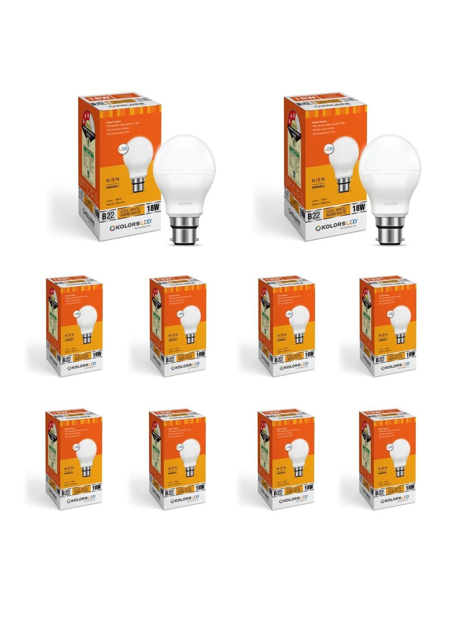 KOLORS Keeto Bulb B22 6500K 18W Pack of 10 - Cool White