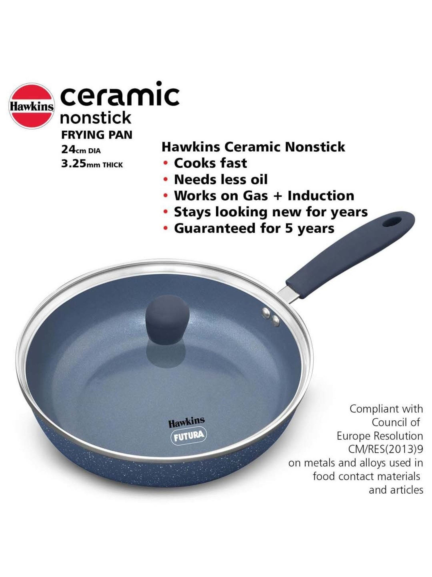 Hawkins Ceramic Nonstick Frying with Glass Lid Fry Pan 23 cm diameter with Lid 2 L capacity