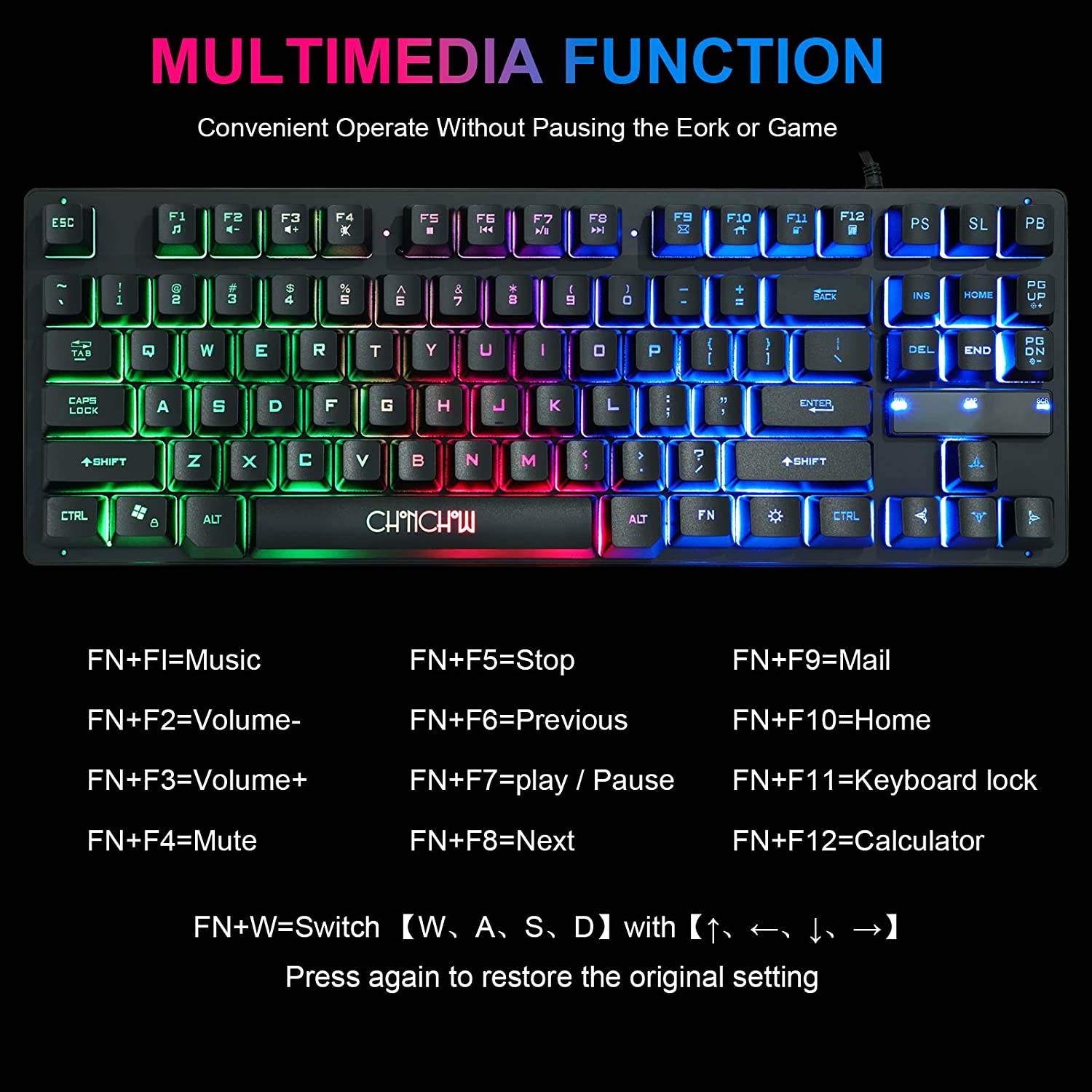 High Performance 87 Keys Compact Gaming Keyboard, USB Wired LED Rainbow Backlit Tenkeyless Gaming Keyboard for Laptop Ps4 PC Computer Game and Work