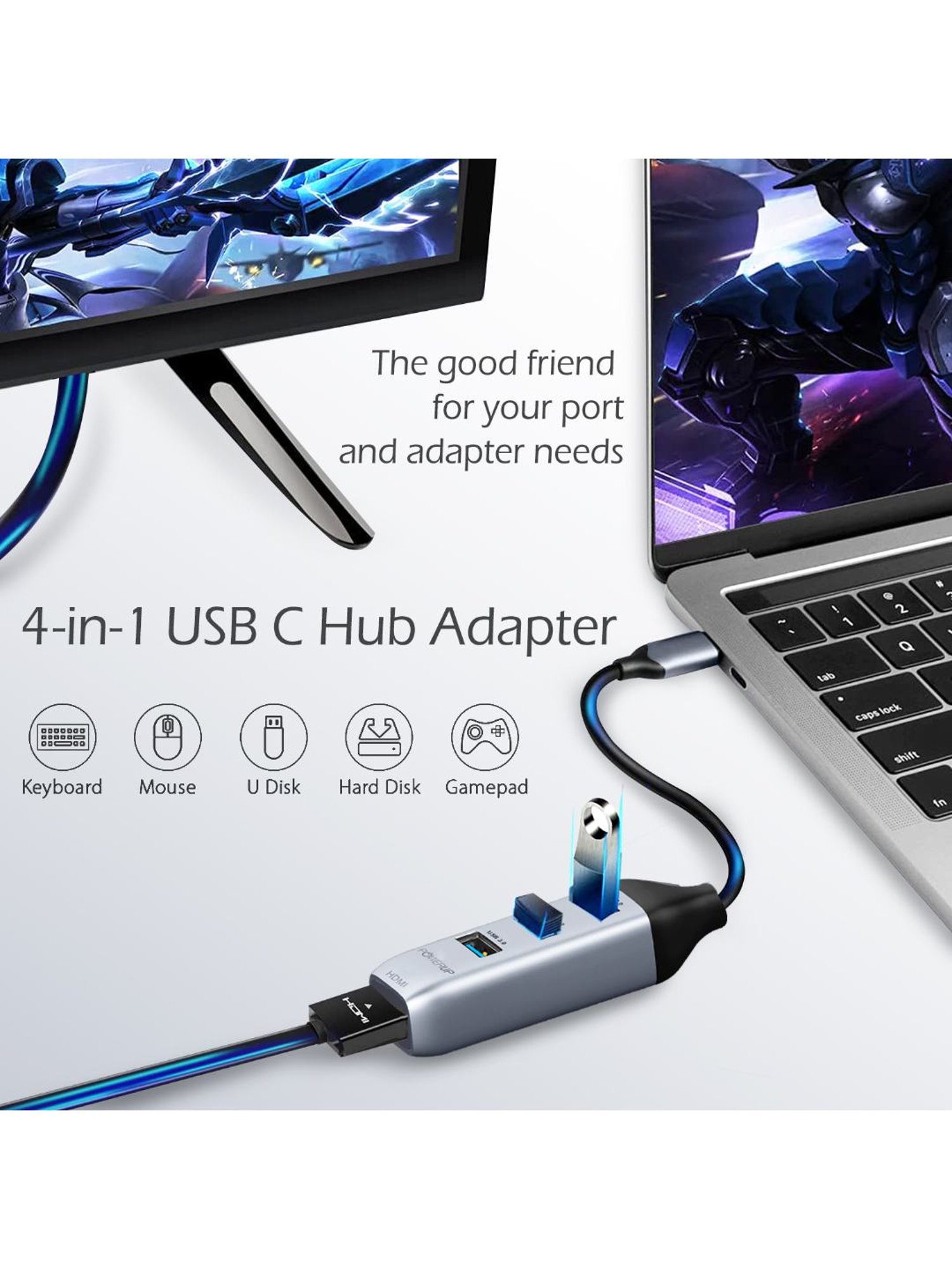 Powerup Mini Splitter USB C HUB 4 in 1 (3 USB C to HDMI Adapter) (Gunmetal)