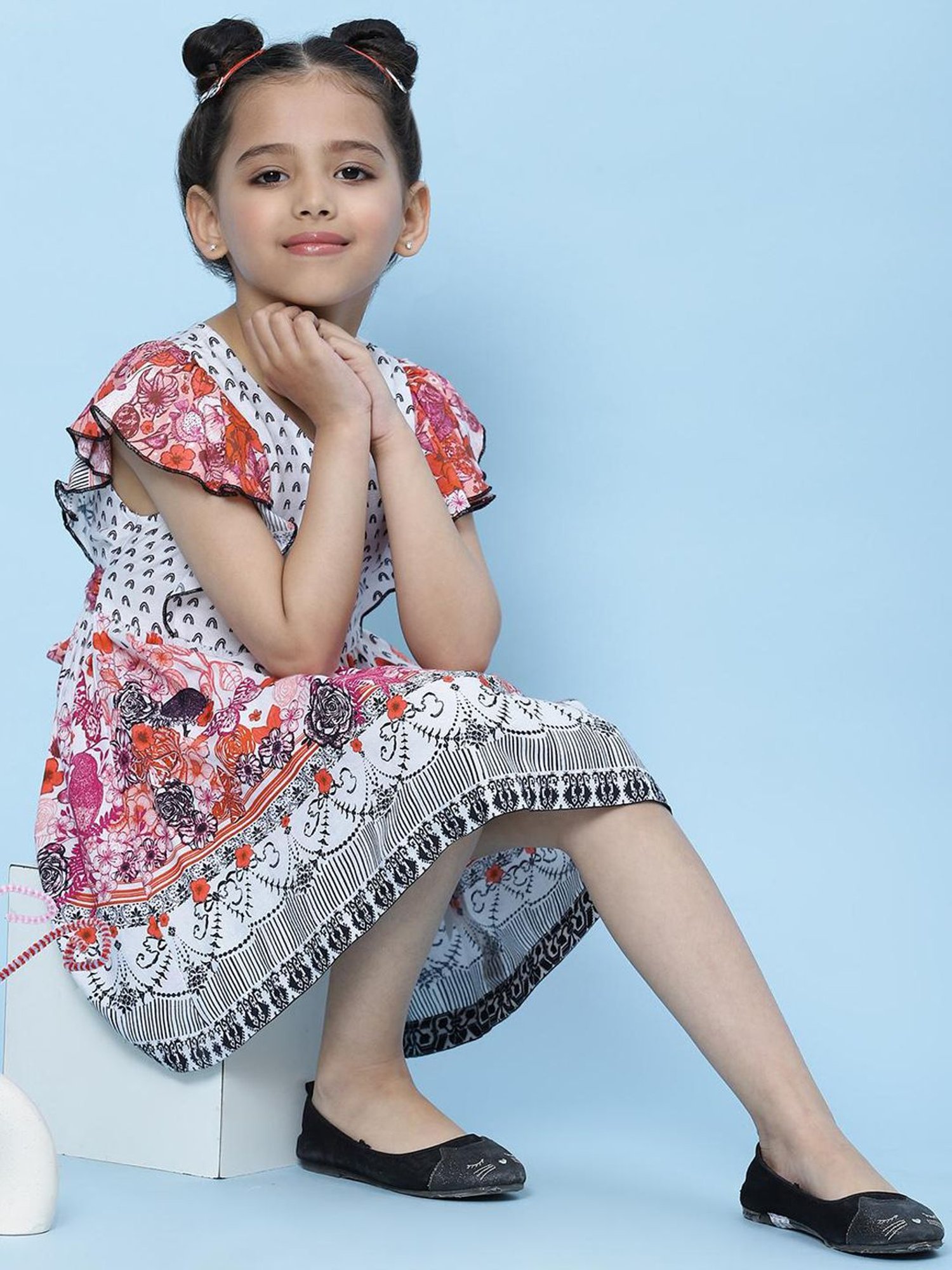 BIBA Girls White Printed Dress