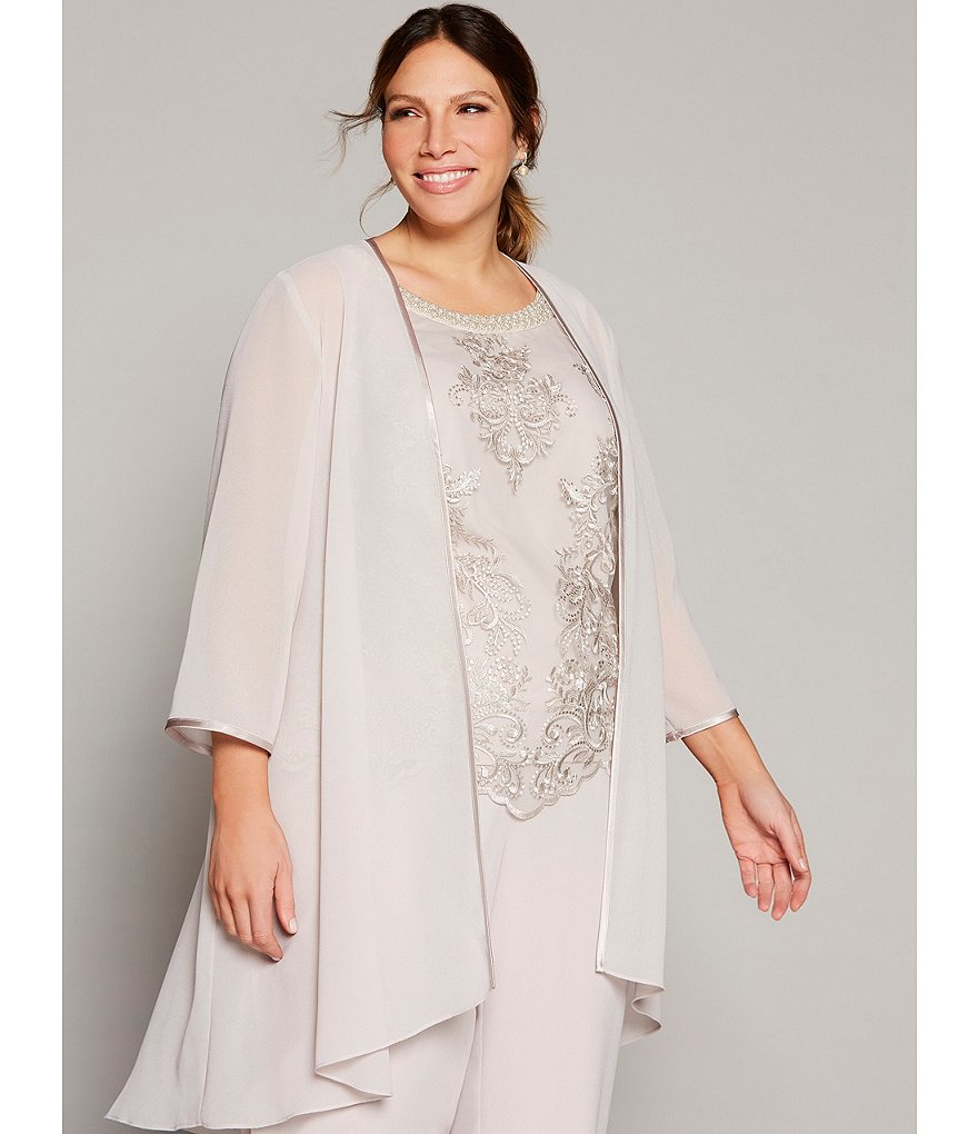 Le Bos Plus Size Crew Neck 3/4 Sleeve Embroidered Georgette 3-Piece Duster Pant Set
