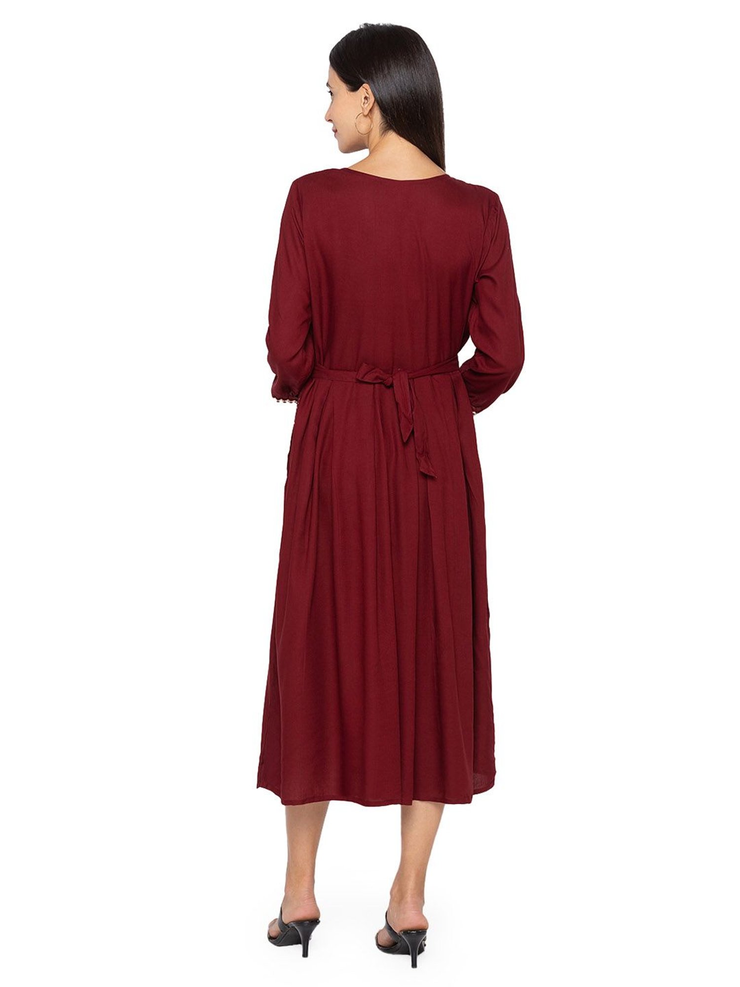 MomToBe Maroon Embroidered Maternity Dress