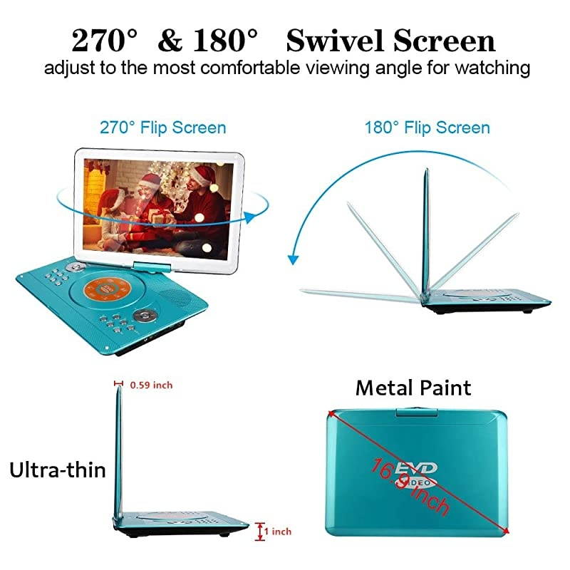 Portable DVD Player with Remote Controller, 14.1'' HD Swivel Large Screen DVD Player for car, 6 Hours Rechargeable Battery Supports SD Card, USB Port(Mint Green)