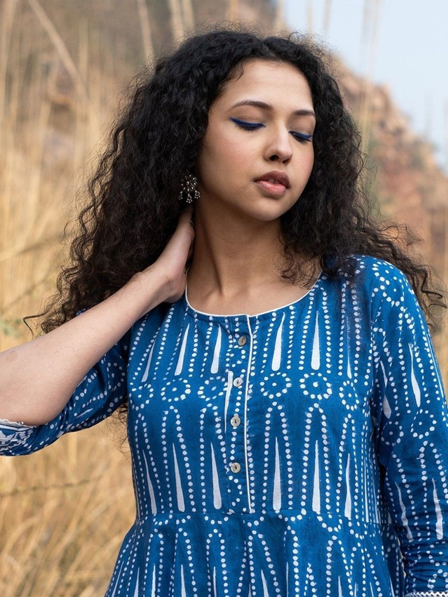 Akiso Neela Indigo Block Printed Anarkali Kurta With Border And Lace Details