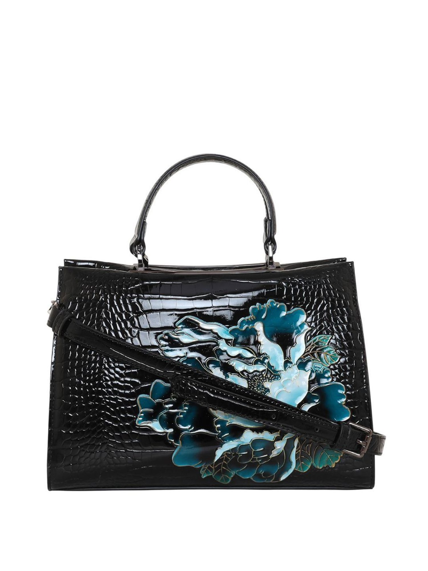 Esbeda Glossy Flower Black PU Textured Handbag