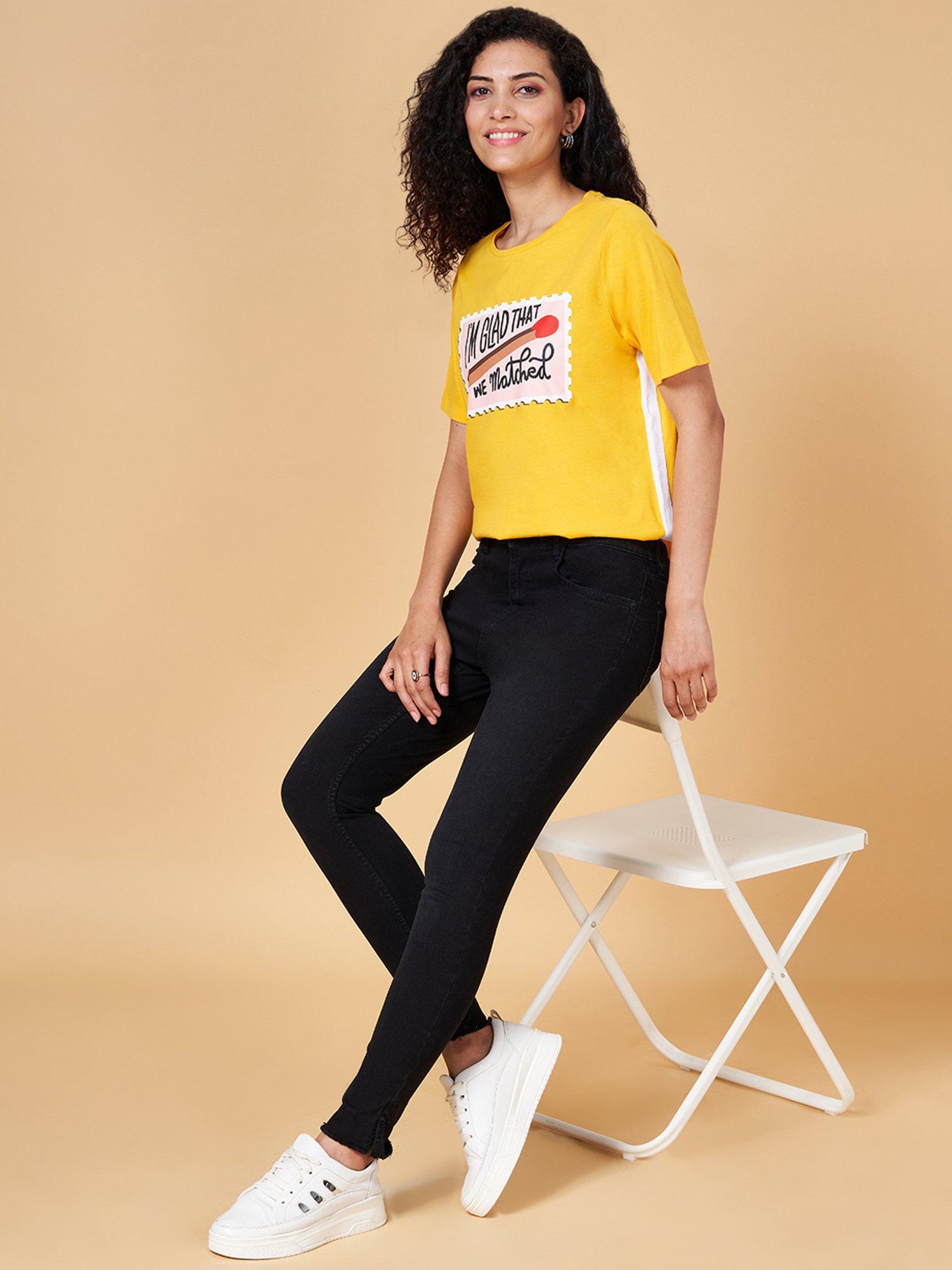 People by Pantaloons Yellow Cotton Graphic Print T-Shirt