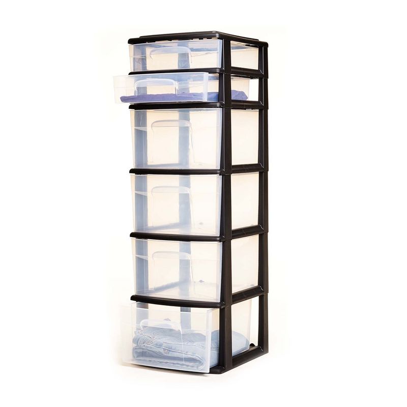 Homz Plastic 6 Clear Drawer Medium Home Storage Container Tower with 4 Large Drawers and 2 Small Drawers, Black Frame