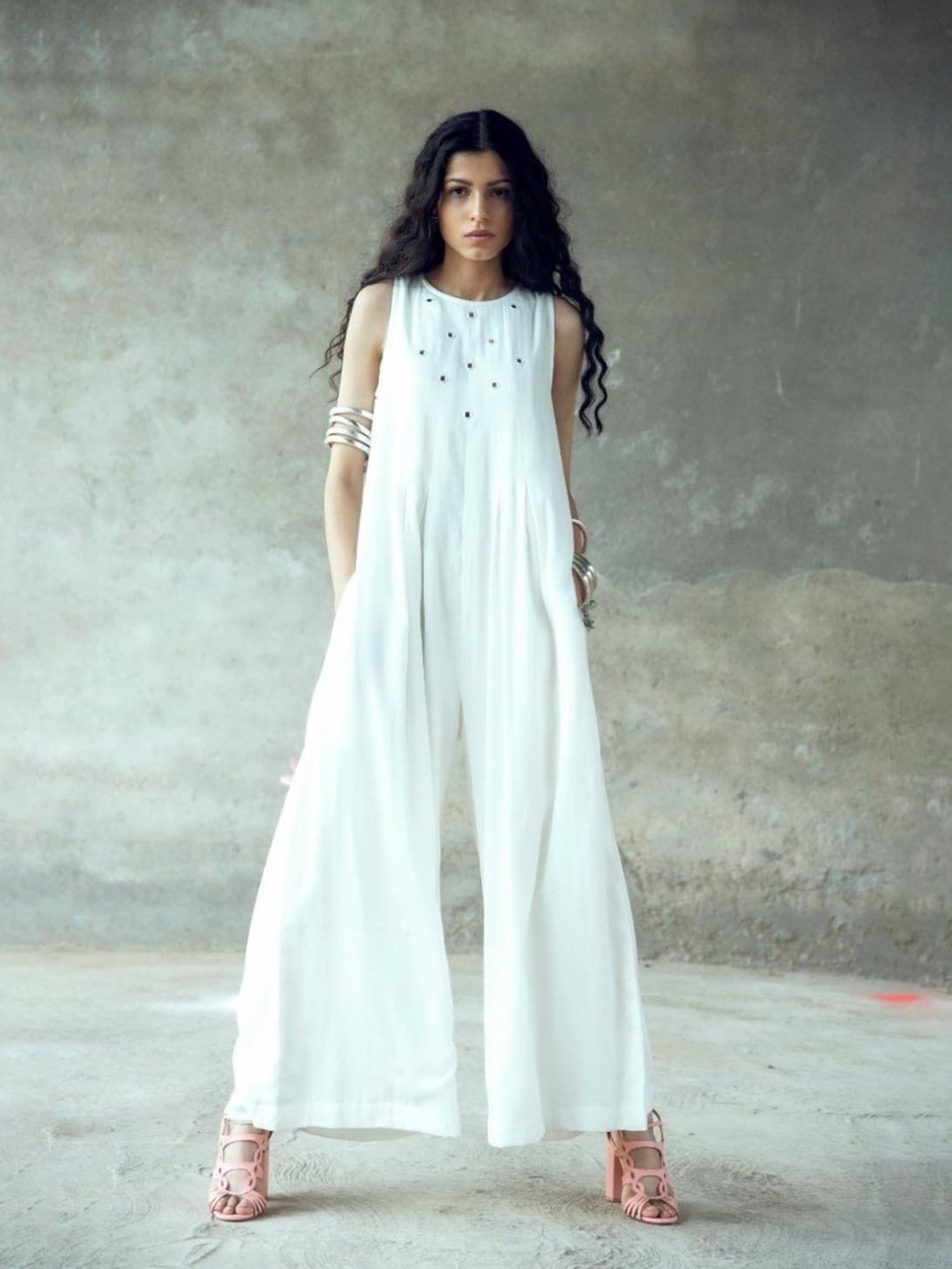 Gulaal White Urvashi Nanda Mirror Work Sleeveless Jumpsuit