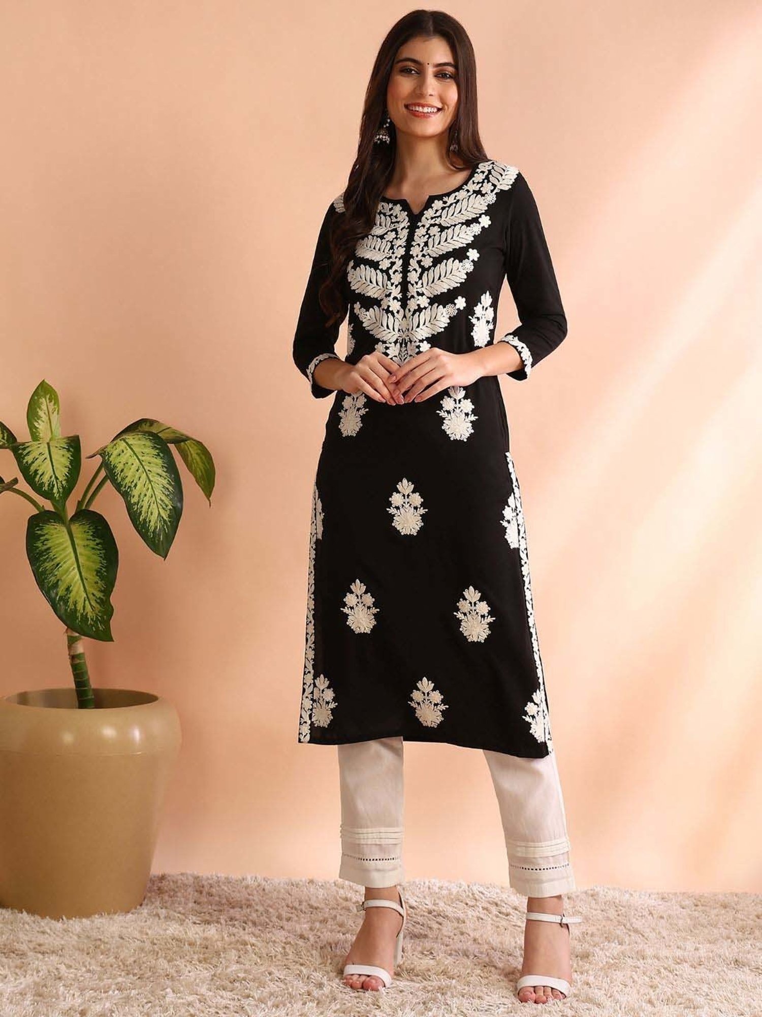 Saffron Threads Black Printed Straight Kurta