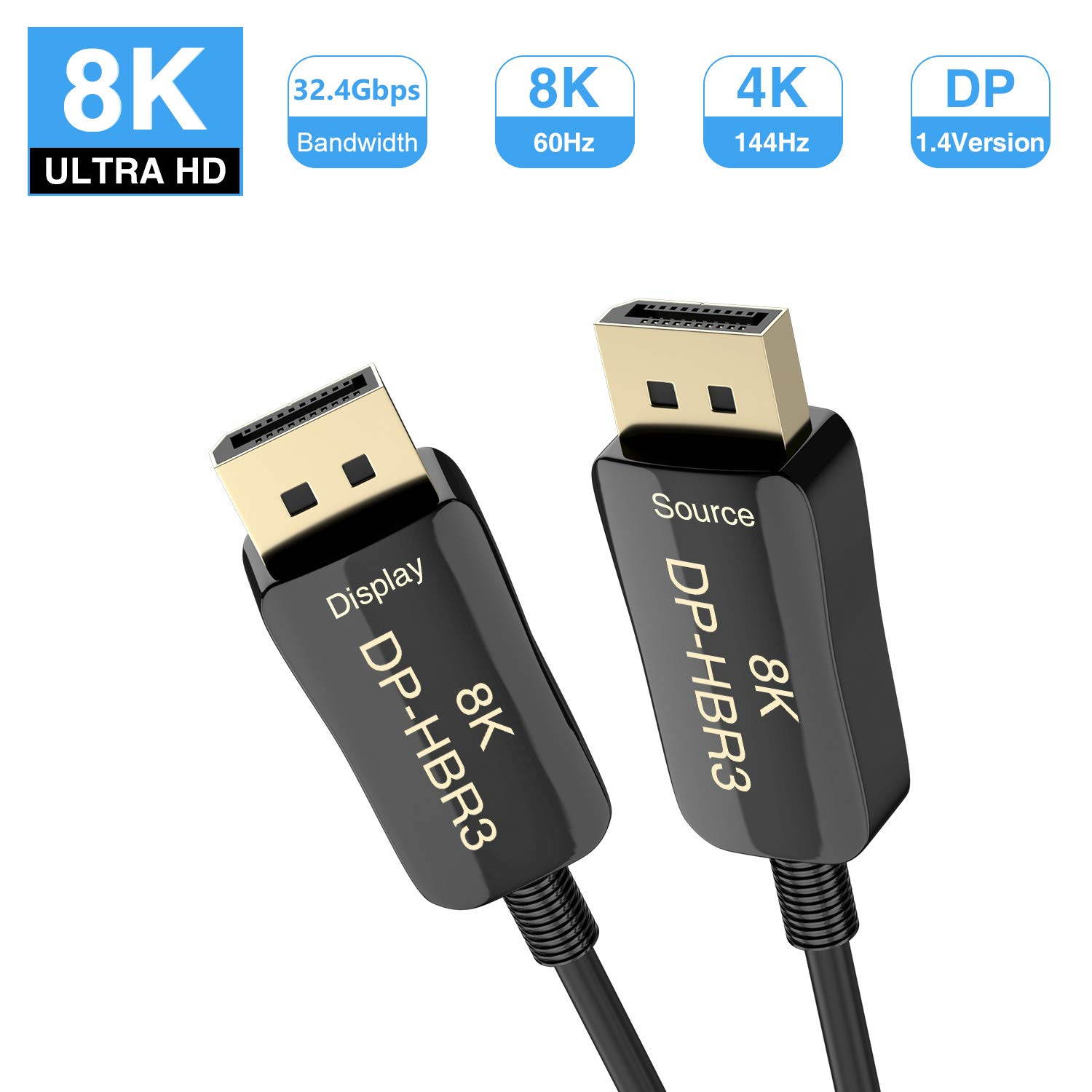 DP Fiber Optic Cable, LUOM 8K 4K DisplayPort Cable DP 1.4 8K@60Hz 4K@144Hz 32.4Gbps High Speed Optic Fiber Slim and Flexible DP to DP Male to Male 3D DP to DP Cable (50ft)
