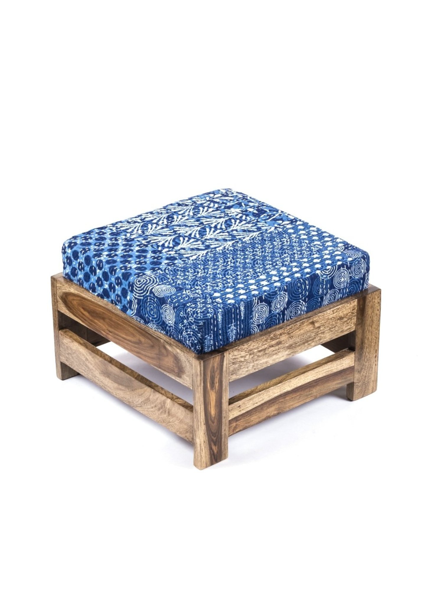 Ikiriya Amber Printed Blue & Brown Wood Foot Stool Teak Finish