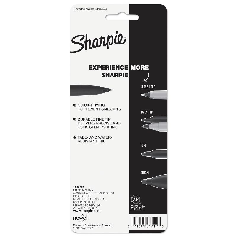Sharpie Grip Porous Point Stick Permanent Water Resistant Pen Assorted Ink Fine 3/Set 1758054