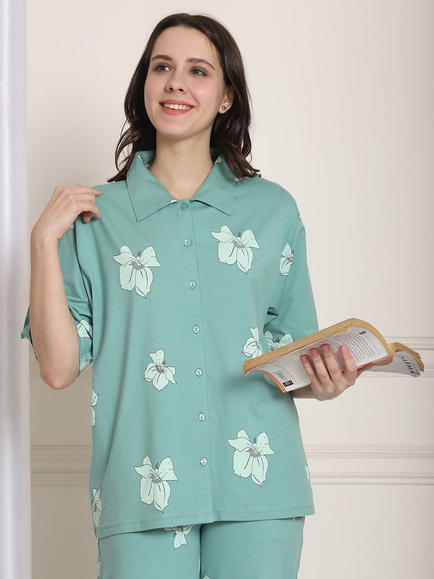 Kanvin Blue Cotton Printed Shirt Pyjamas Set